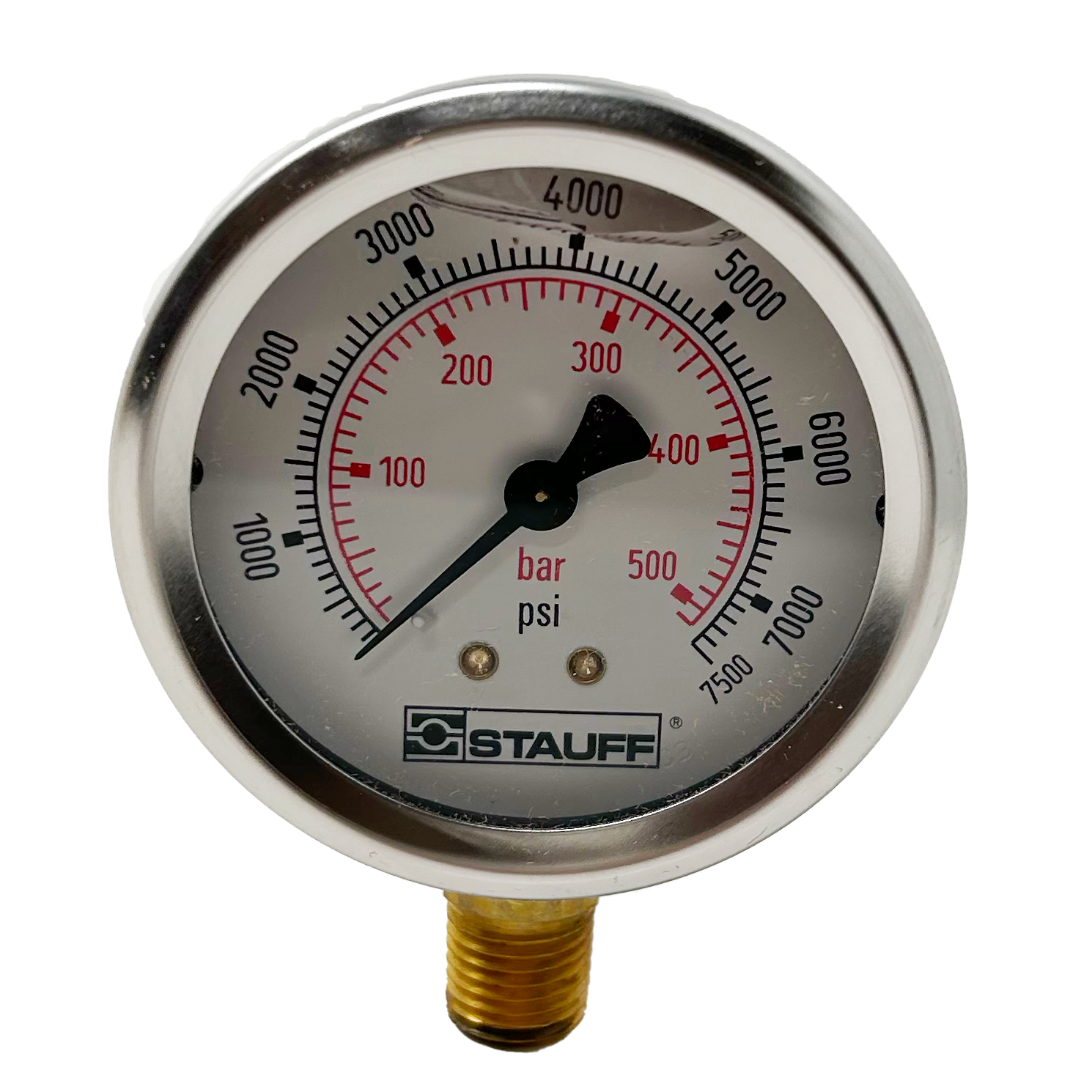 SPG-063-07500-05-S-N04 : Stauff Pressure Gauge, 2.5" Face, 0-7500psi, 1/4" NPT, Stem Mount