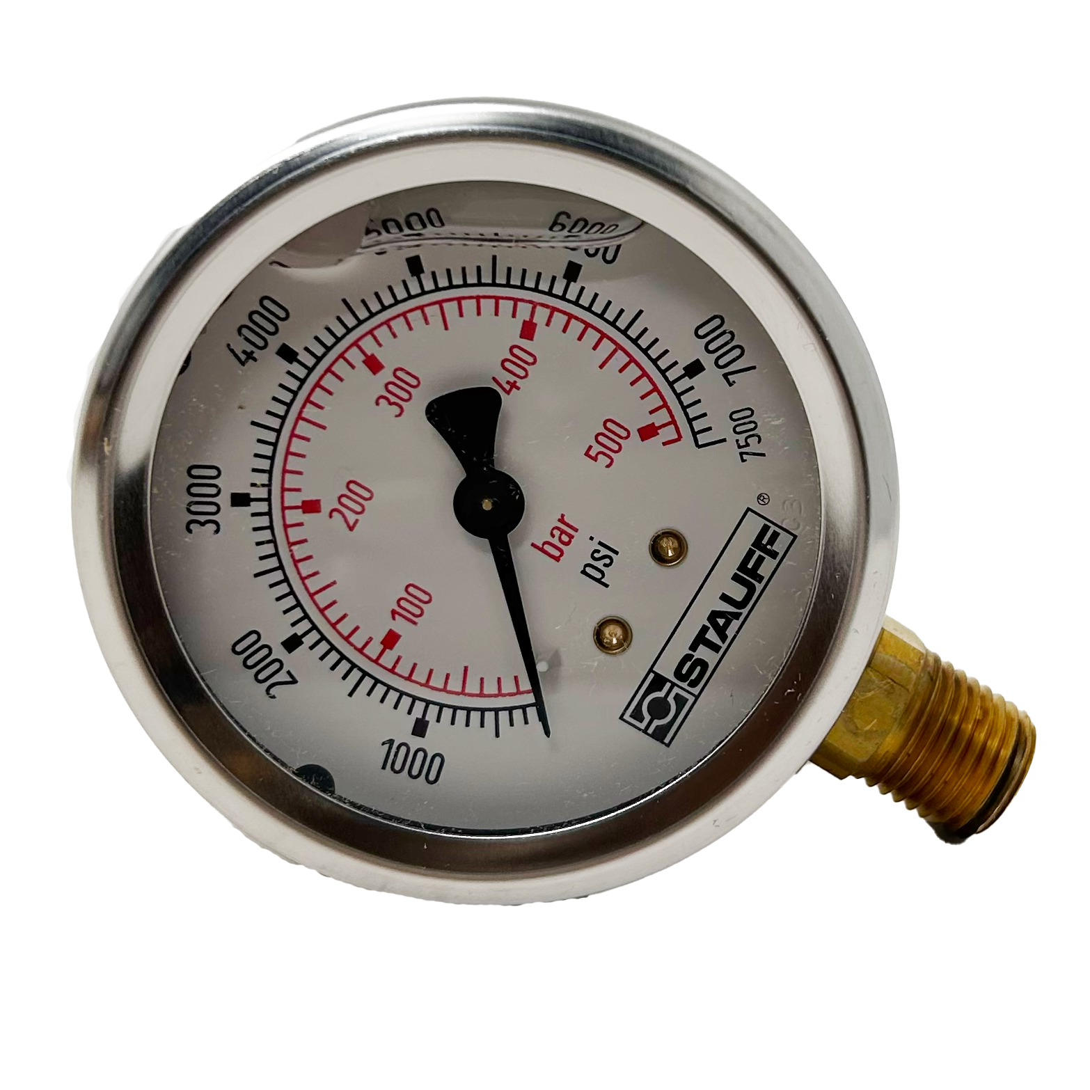 SPG-063-07500-05-S-N04 : Stauff Pressure Gauge, 2.5" Face, 0-7500psi, 1/4" NPT, Stem Mount