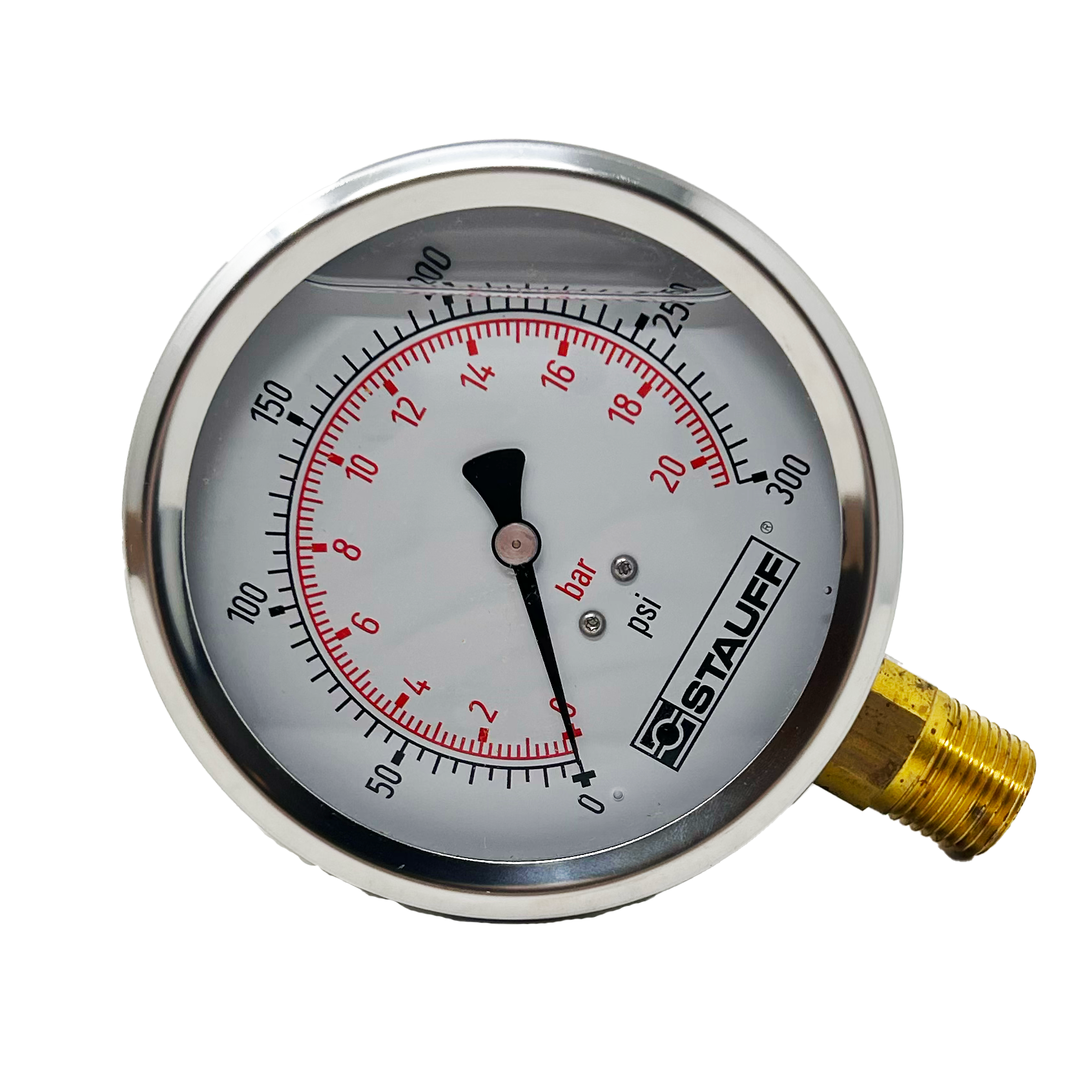 SPG-100-00300-05-S-N08 : Stauff Pressure Gauge, 4" Face, 0-300psi, 1/2" NPT, Stem Mount