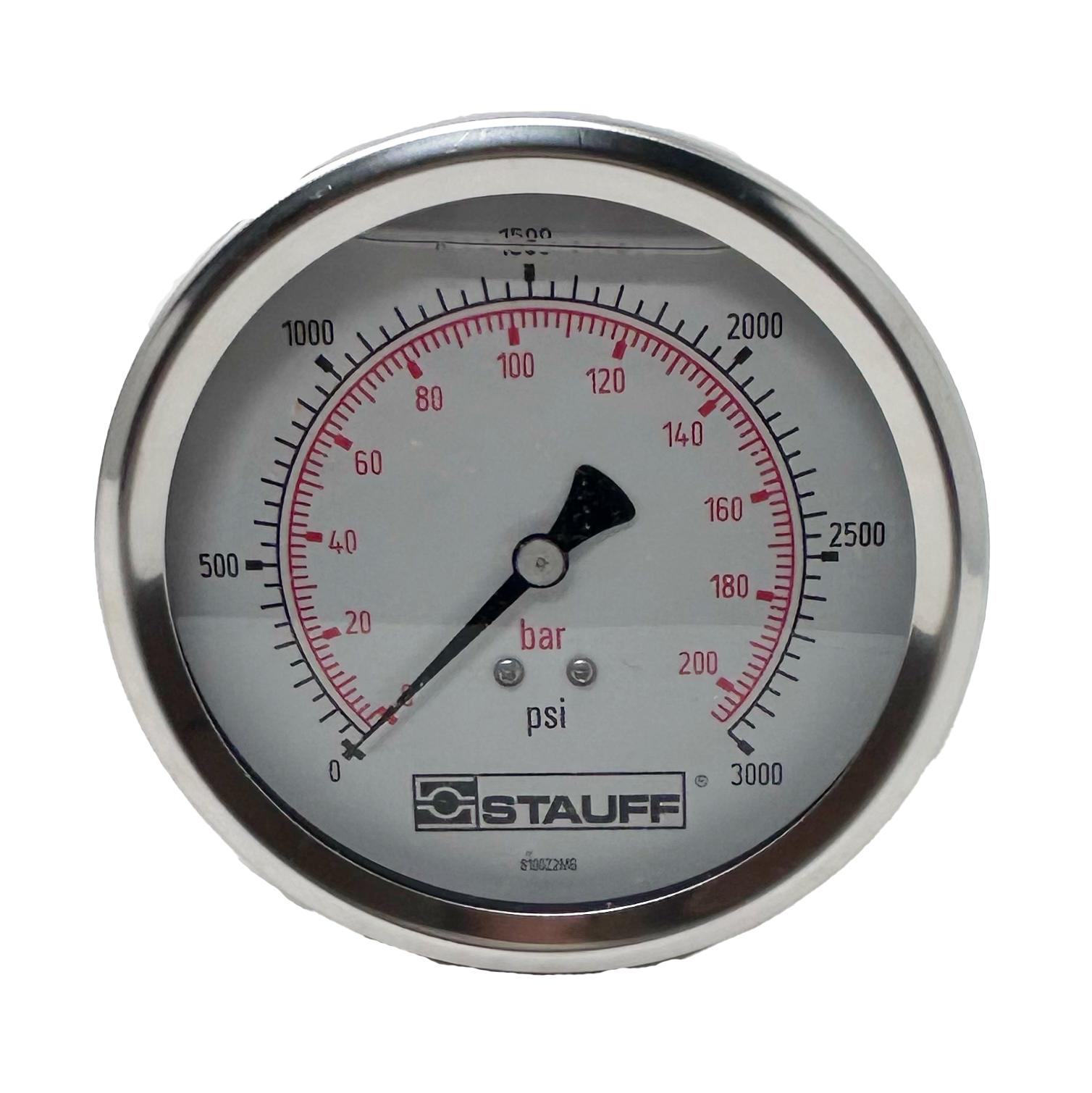 SPG-100-03000-05-P-N08 : Stauff Pressure Gauge, 4" Face, 0-3000psi, 1/2" NPT, Center Back