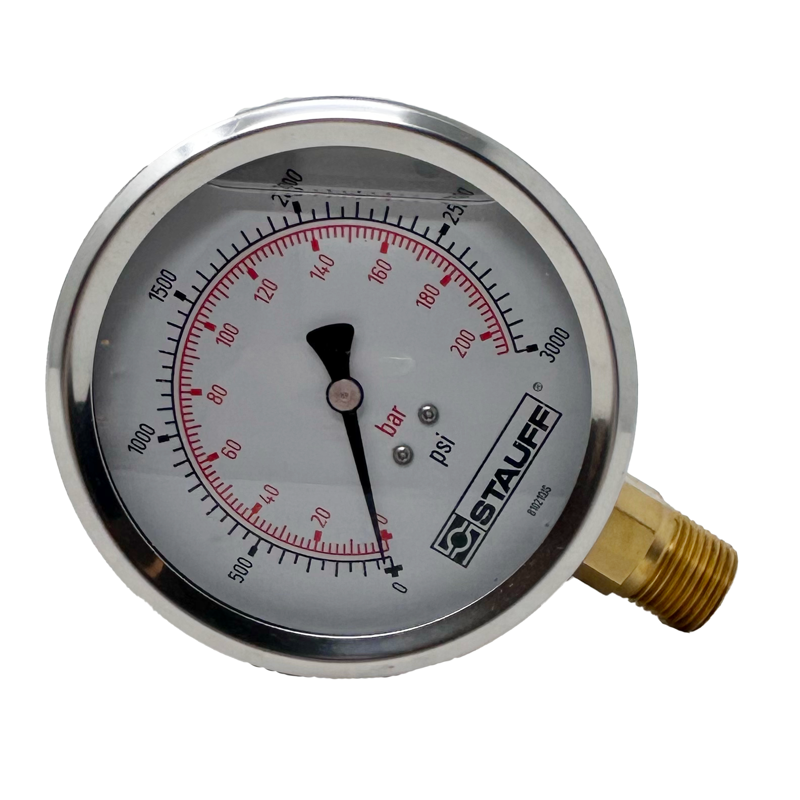 SPG-100-03000-05-S-N08 : Stauff Pressure Gauge, 4" Face, 0-3000psi, 1/2" NPT, Stem Mount
