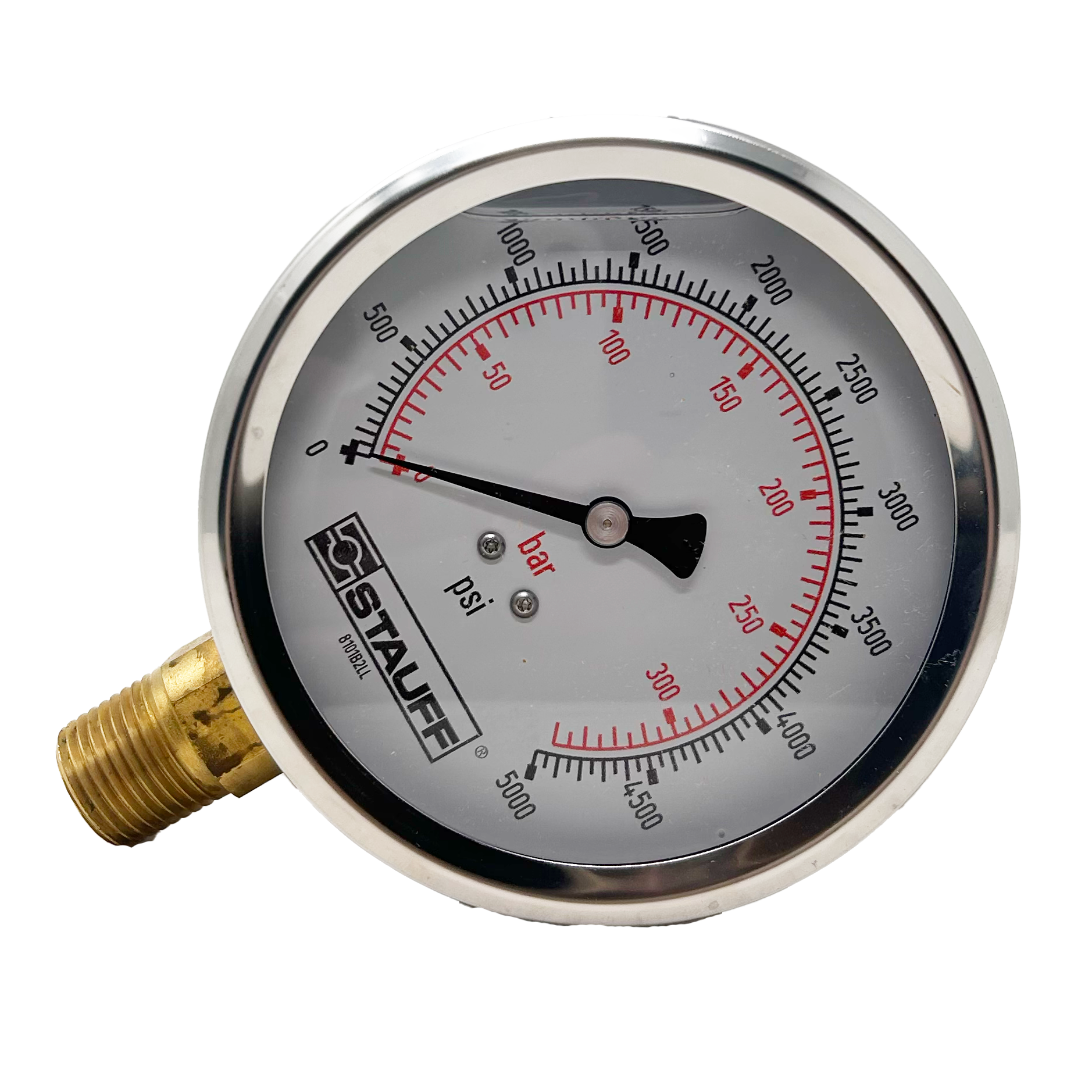 SPG-100-05000-05-S-N08 : Stauff Pressure Gauge, 4" Face, 0-5000psi, 1/2" NPT, Stem Mount