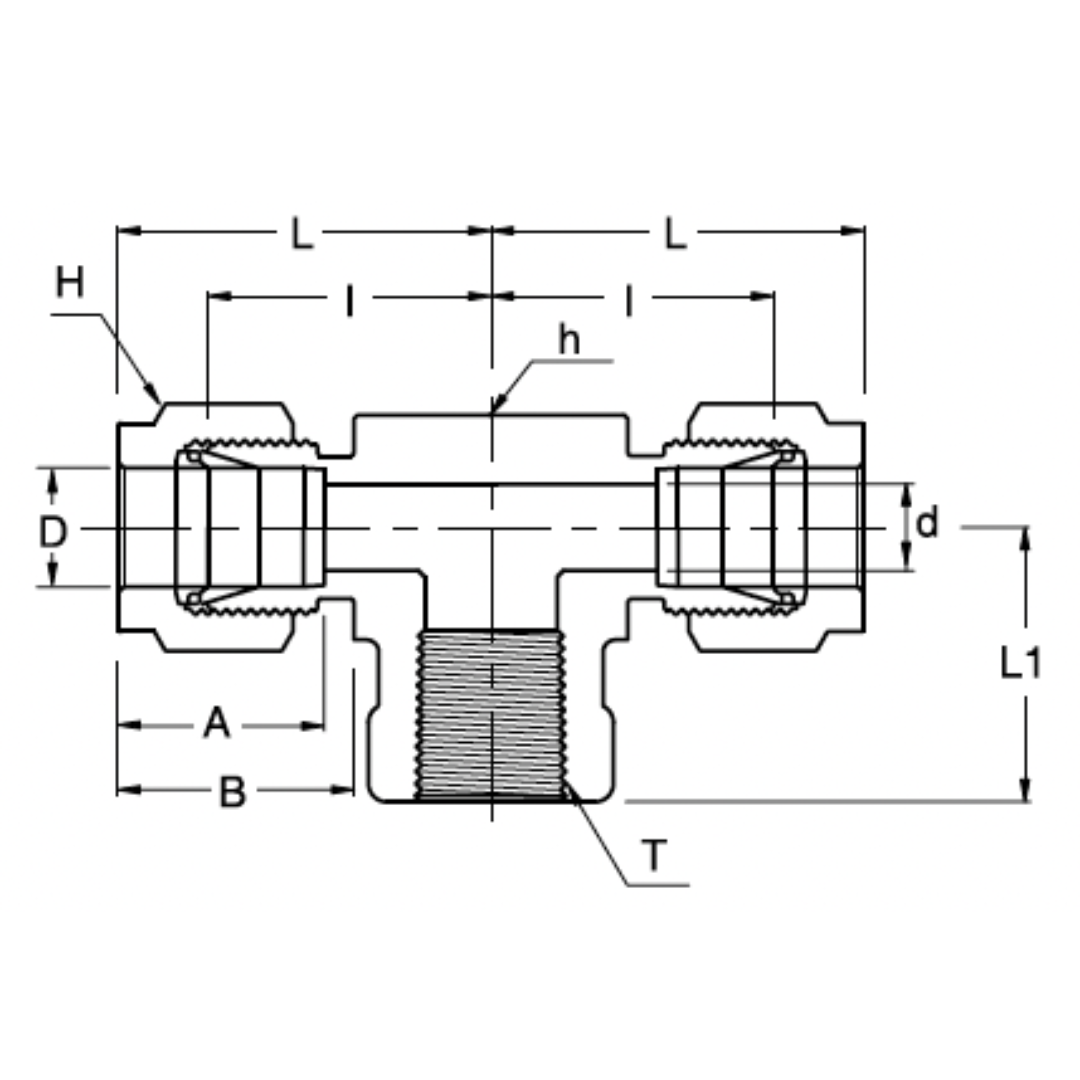 SFBT 4-2N : Superlok Stainless Branch Tee, 1/4" (-4) Tube OD x 1/4" (-4) Tube OD x 1/8-27 (-2N) Female NPT
