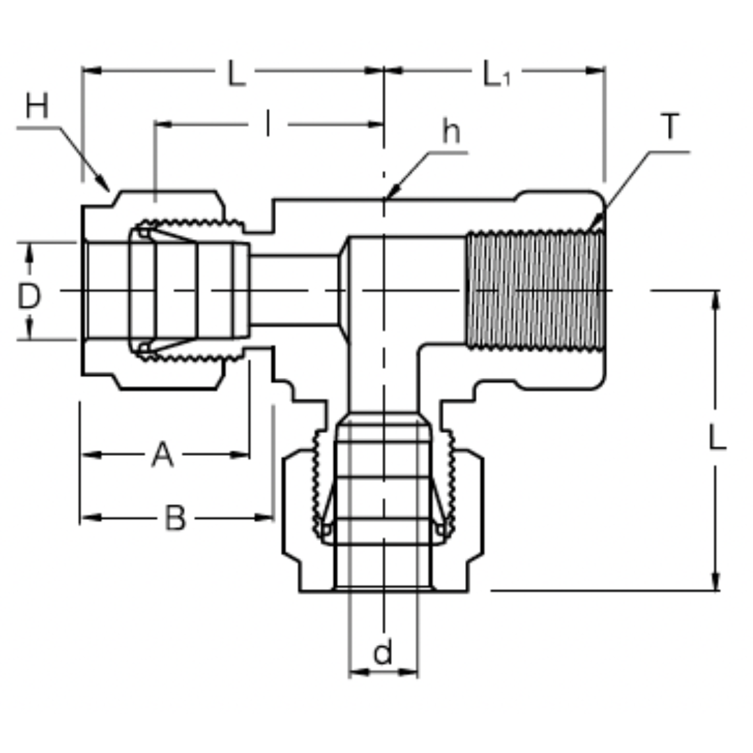 SFRT 16-16N : Superlok Stainless Run Tee, 1" (-16) Tube OD x 1" (-16) Tube OD x 1-11-1/2 (-16N) Female NPT