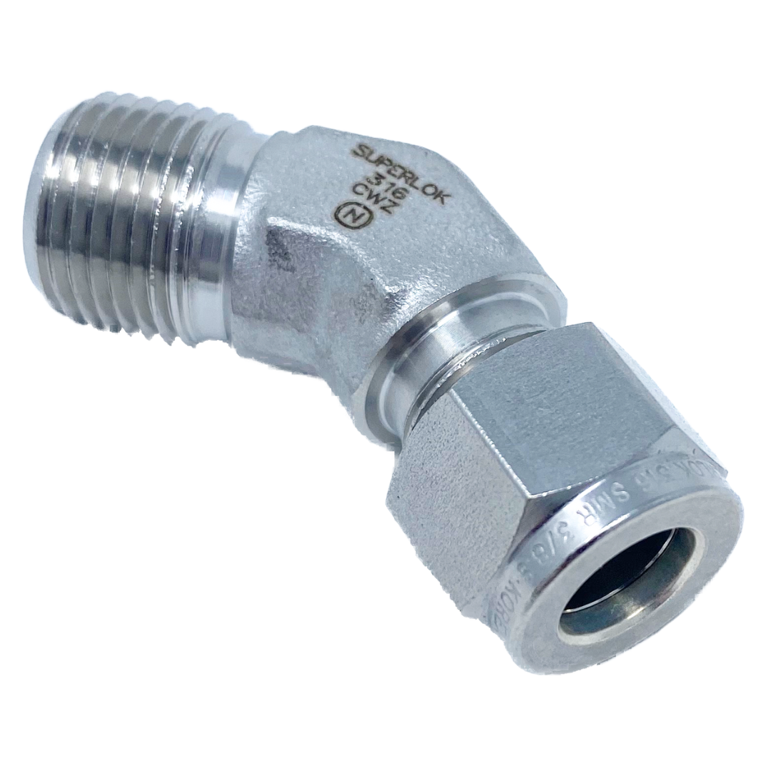 SHME 6-2N : Superlok 45-Degree Stainless Tube Union, 3/8" (-6) Tube OD x 1/8-27 (-2N) Male NPT