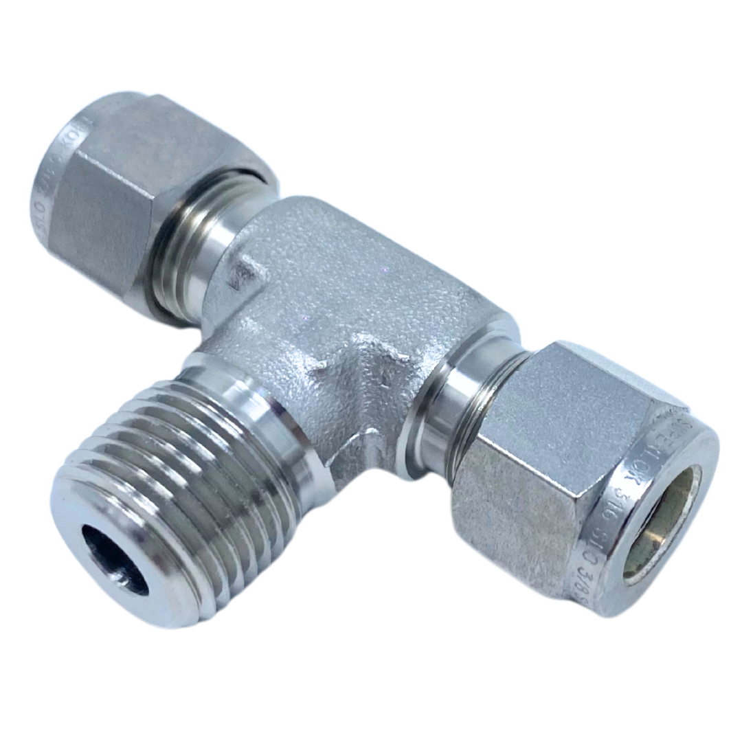 SMBT 4-6N : Superlok Stainless Branch Tee, 1/4" (-4) Tube OD x 1/4" (-4) Tube OD x 3/8-18 (-6N) Male NPT