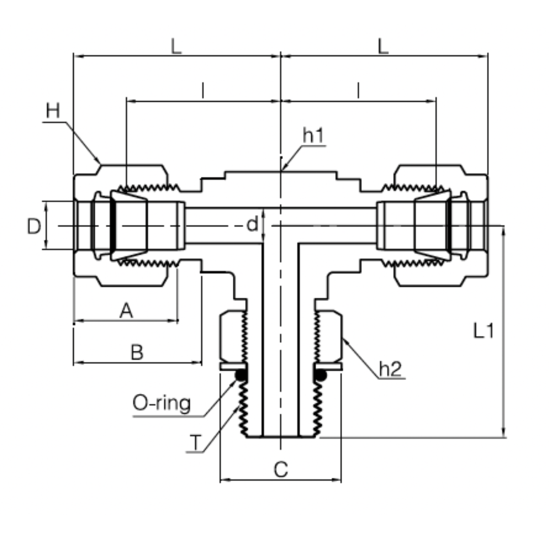 SPMBT 6-6U : Superlok Stainless Branch Tee, 3/8" (-6) Tube OD x 3/8" (-6) Tube OD x 9/16-18 (-6U) Male Adjustable ORB