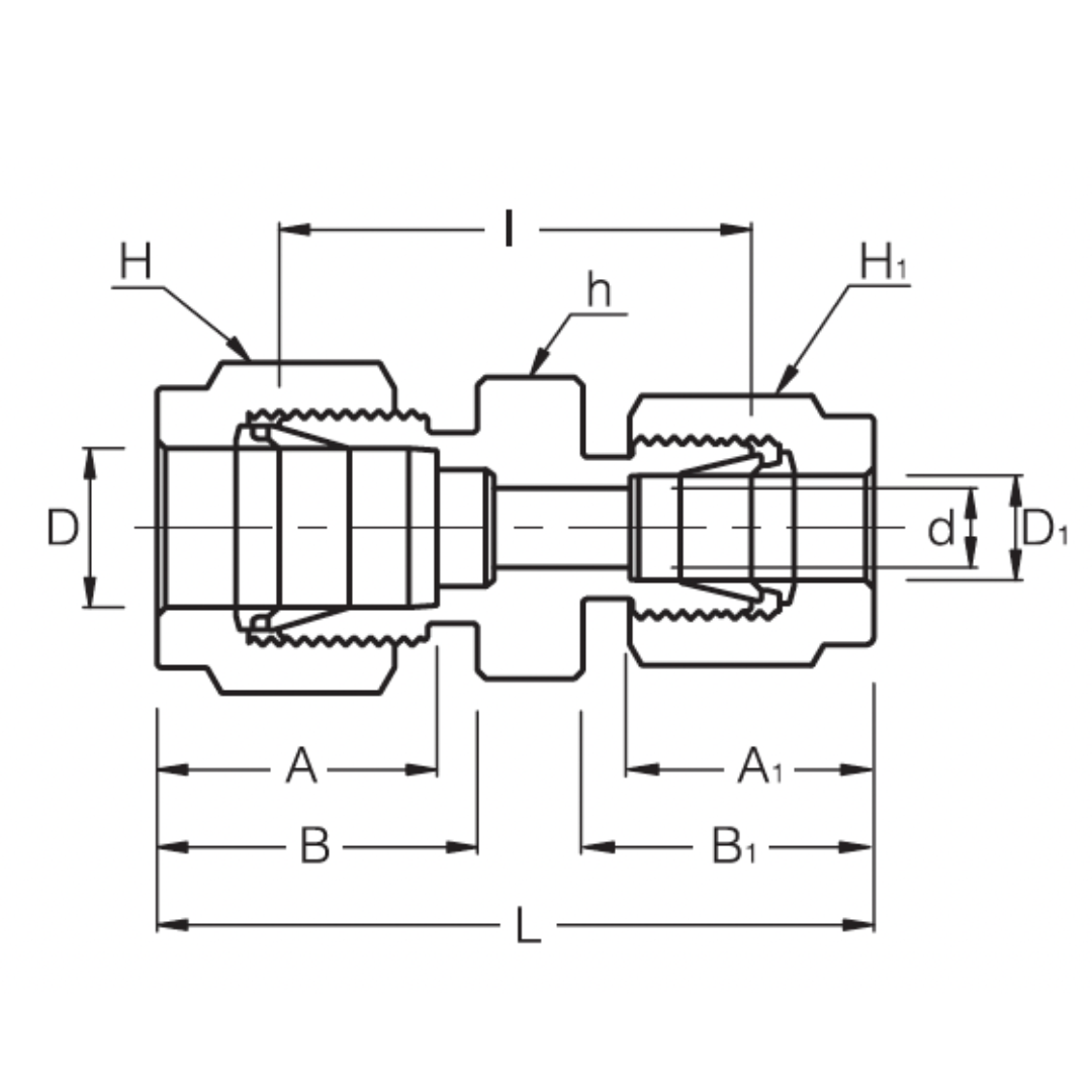 SRU 6-5 : Superlok Straight Stainless Fractional Tube Reducing Union, 3/8" (-6) Tube OD x 5/16" (-5) Tube OD