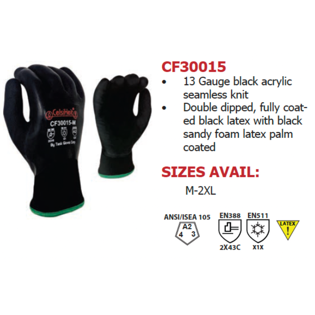CF30015-12PK : CelsiHeit Black Heavy Thermal, Double layered Acrylic insulation, Black Sandy Foam Latex Fully coated, ANSI Cut A2, 12-Pack