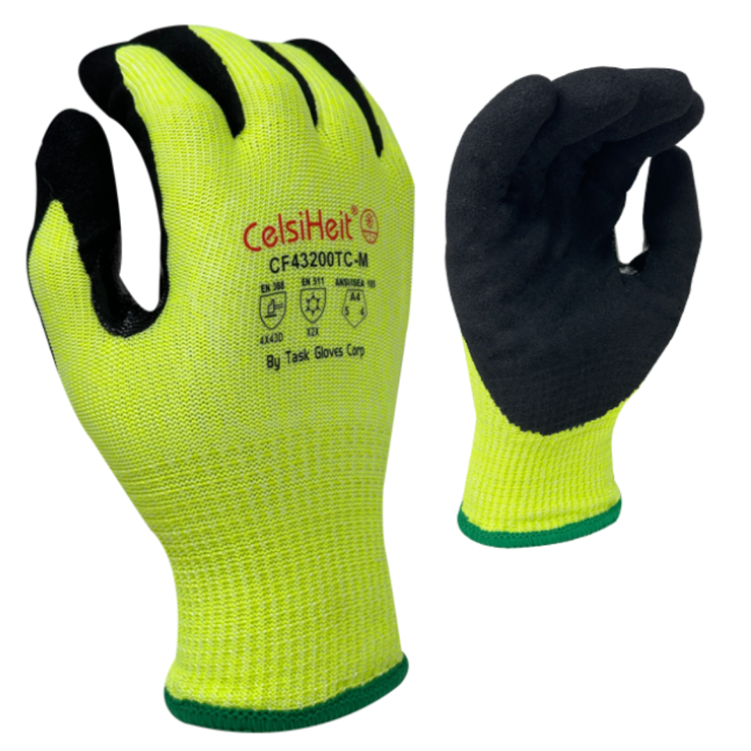 CF43200TC-12PK : CelsiHeit Black Sandy Foam Nitrile palm coated, Reinforced Thumb Saddle, 13 Gauge Hi-Vis Green HDPE & Polyester shell, 7 Gauge Acrylic Terry Lined, ANSI Cut A4, 12-Pack