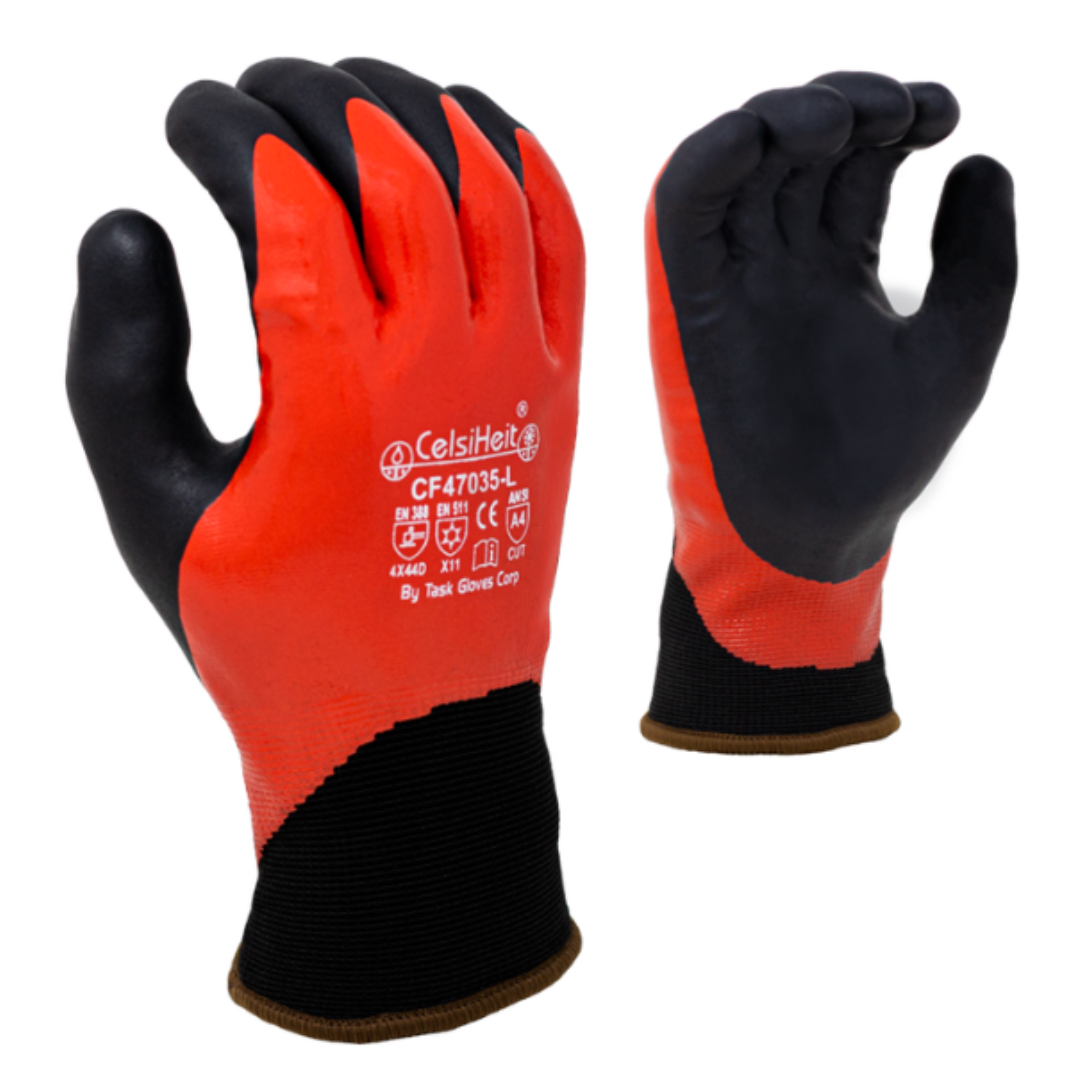 CF47035-12PK : Double Dipped, Red Smooth Nitrile Fully coated, Black Foam Nitrile palm coated, 13 Gauge HDPE shell, 7 Gauge Acrylic Terry Lined, ANSI Cut A4, 12-Pack