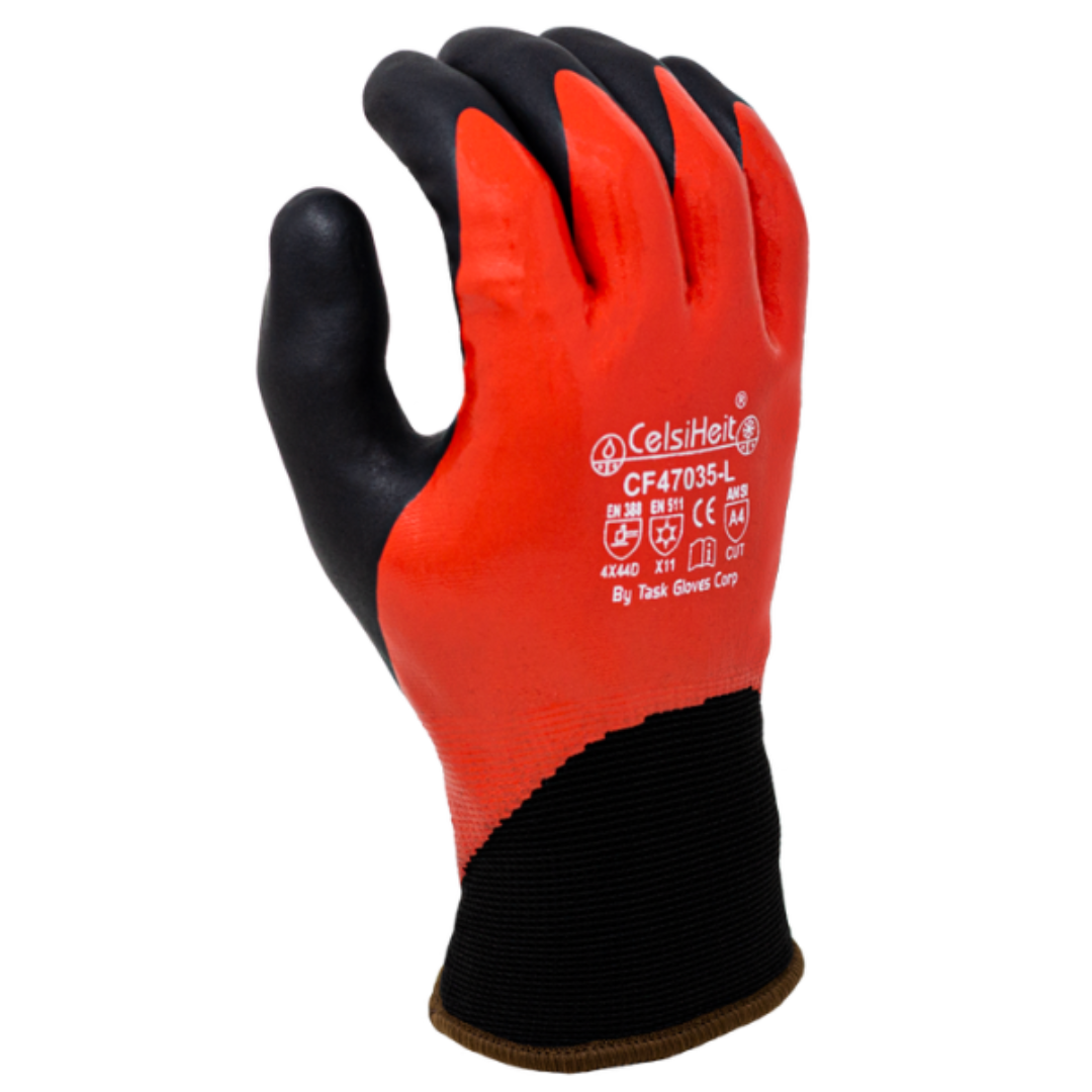 CF47035-12PK : Double Dipped, Red Smooth Nitrile Fully coated, Black Foam Nitrile palm coated, 13 Gauge HDPE shell, 7 Gauge Acrylic Terry Lined, ANSI Cut A4, 12-Pack