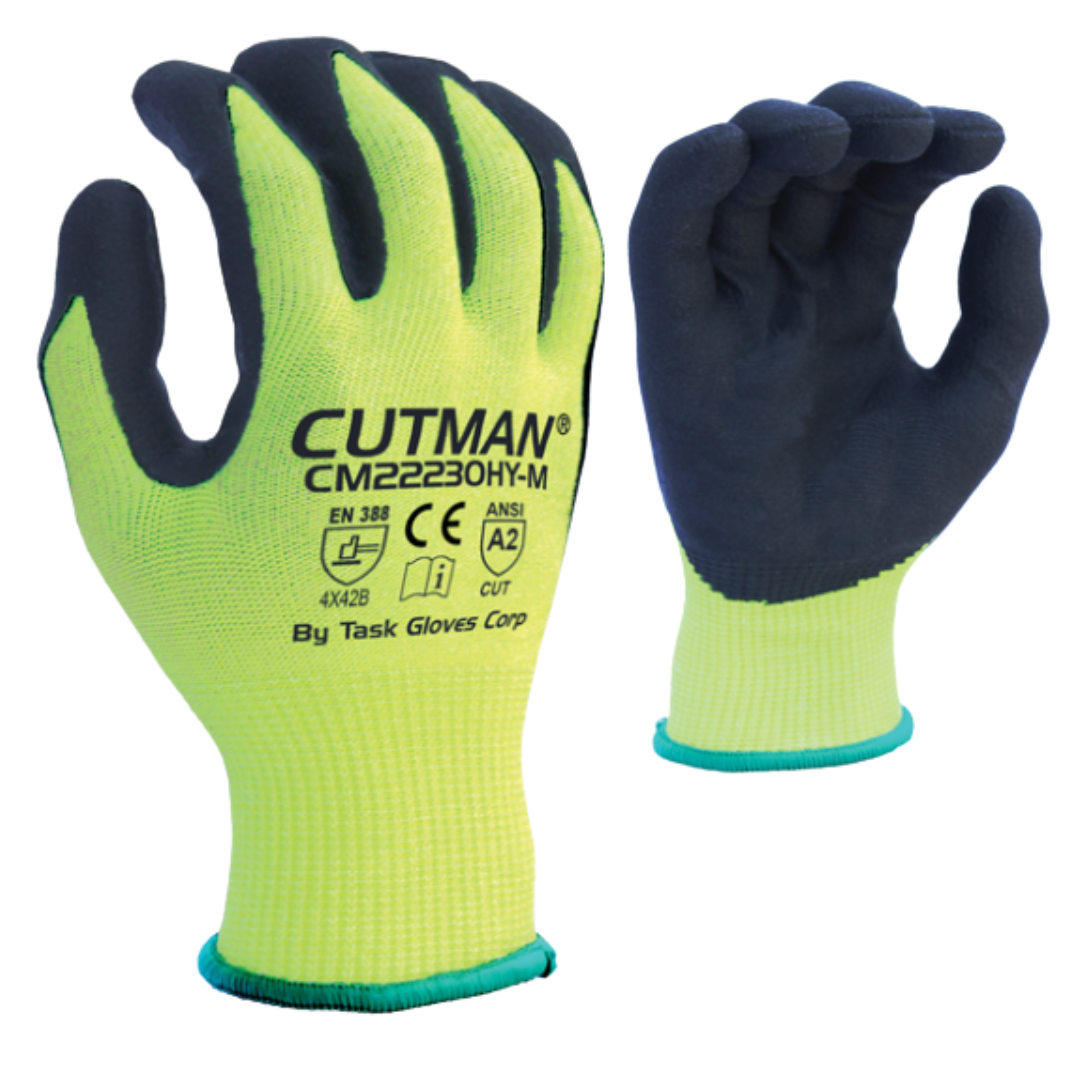 CM22230HY : CUTMAN 13 Gauge Hi-Vis Yellow HDPE shell, Black Micro-Foam Nitrile palm coated, ANSI Cut A2, Touchscreen compatible, 12-Pack