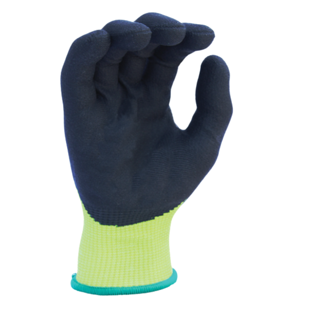 CM22230HY : CUTMAN 13 Gauge Hi-Vis Yellow HDPE shell, Black Micro-Foam Nitrile palm coated, ANSI Cut A2, Touchscreen compatible, 12-Pack