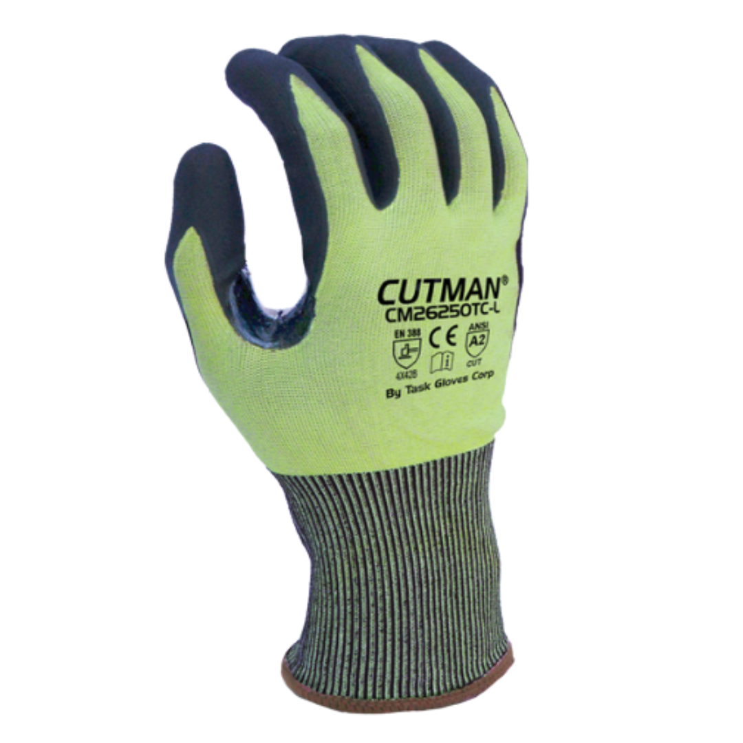 CM26250TC : Cutman Task Gloves, 18 Gauge Hi-Vis HDPE shell, Black Polyurethane palm coated, Reinforced Thumb Saddle, ANSI Cut A2, Touchscreen compatible, 12-Pack
