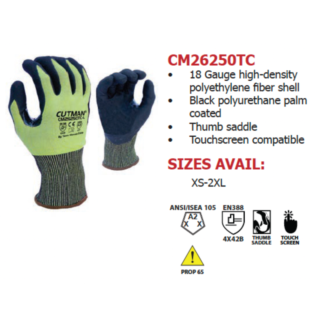 CM26250TC : Cutman Task Gloves, 18 Gauge Hi-Vis HDPE shell, Black Polyurethane palm coated, Reinforced Thumb Saddle, ANSI Cut A2, Touchscreen compatible, 12-Pack