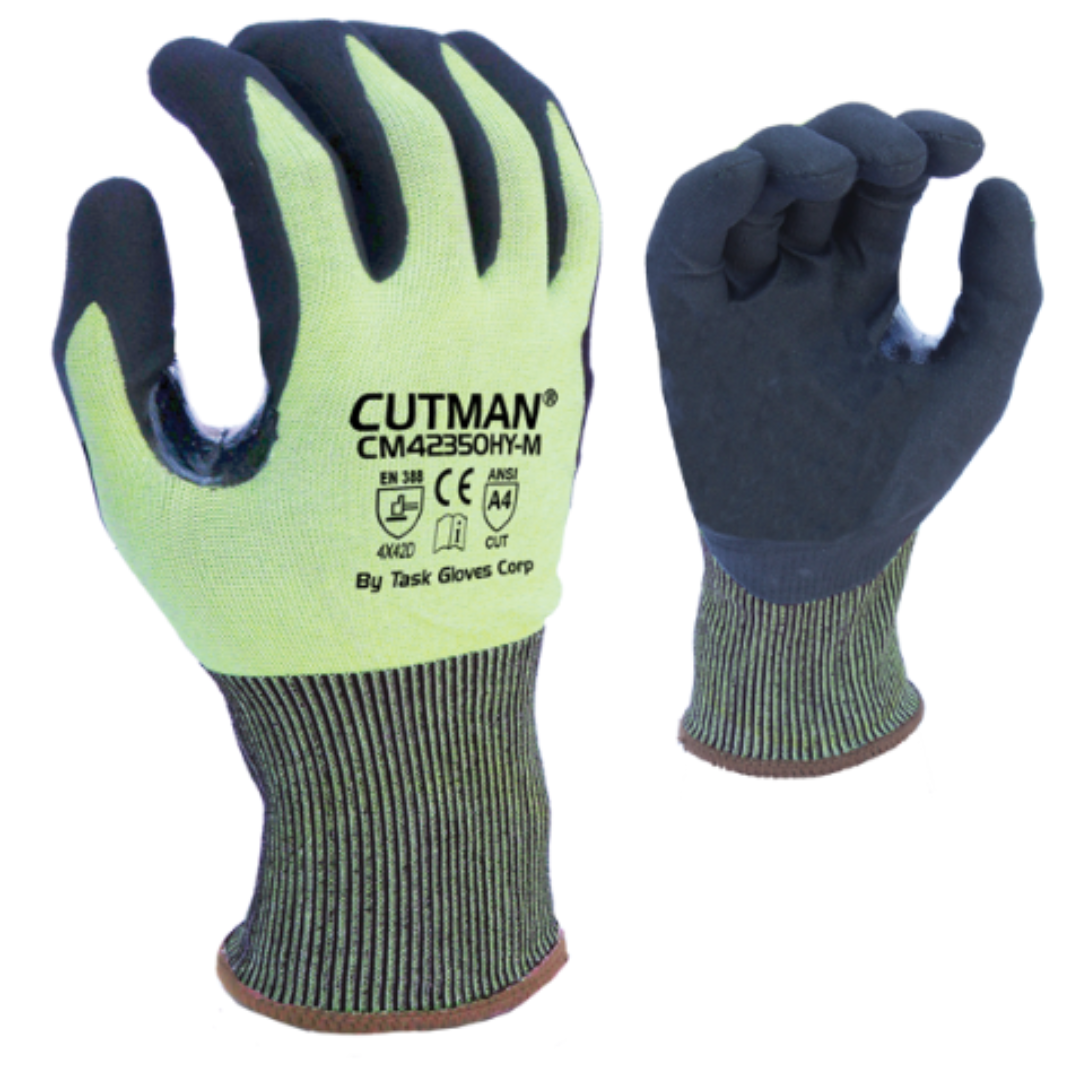 CM42350HY-12PK : CUTMAN 18 Gauge Hi-Vis Yellow HDPE shell, Black Micro-Foam Nitrile Palm coated, Reinforced Thumb Saddle, ANSI Cut A4, Touchscreen compatible, 12-Pack