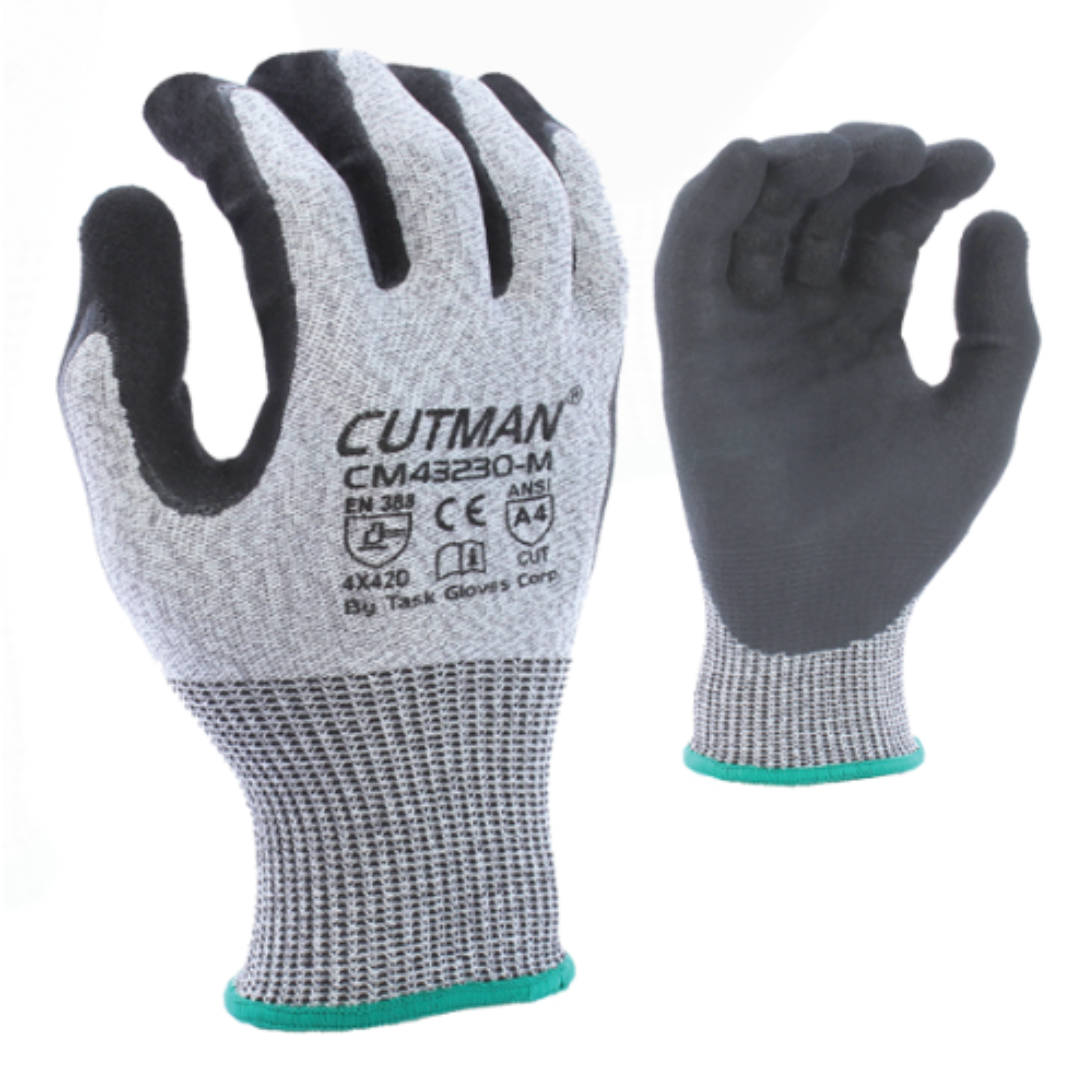 CM43230 : CUTMAN 13 Gauge Gray HDPE shell, Double dipped Nitrile palm coated with Black Sandy-Foam Nitrile finish, ANSI Cut A4, 12-Pack