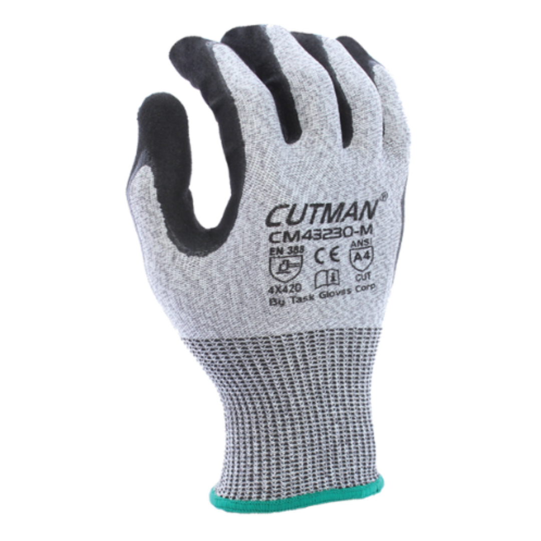 CM43230 : CUTMAN 13 Gauge Gray HDPE shell, Double dipped Nitrile palm coated with Black Sandy-Foam Nitrile finish, ANSI Cut A4, 12-Pack
