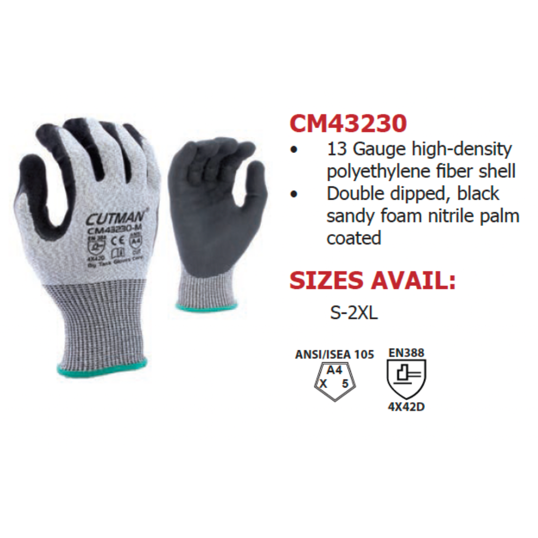 CM43230 : CUTMAN 13 Gauge Gray HDPE shell, Double dipped Nitrile palm coated with Black Sandy-Foam Nitrile finish, ANSI Cut A4, 12-Pack