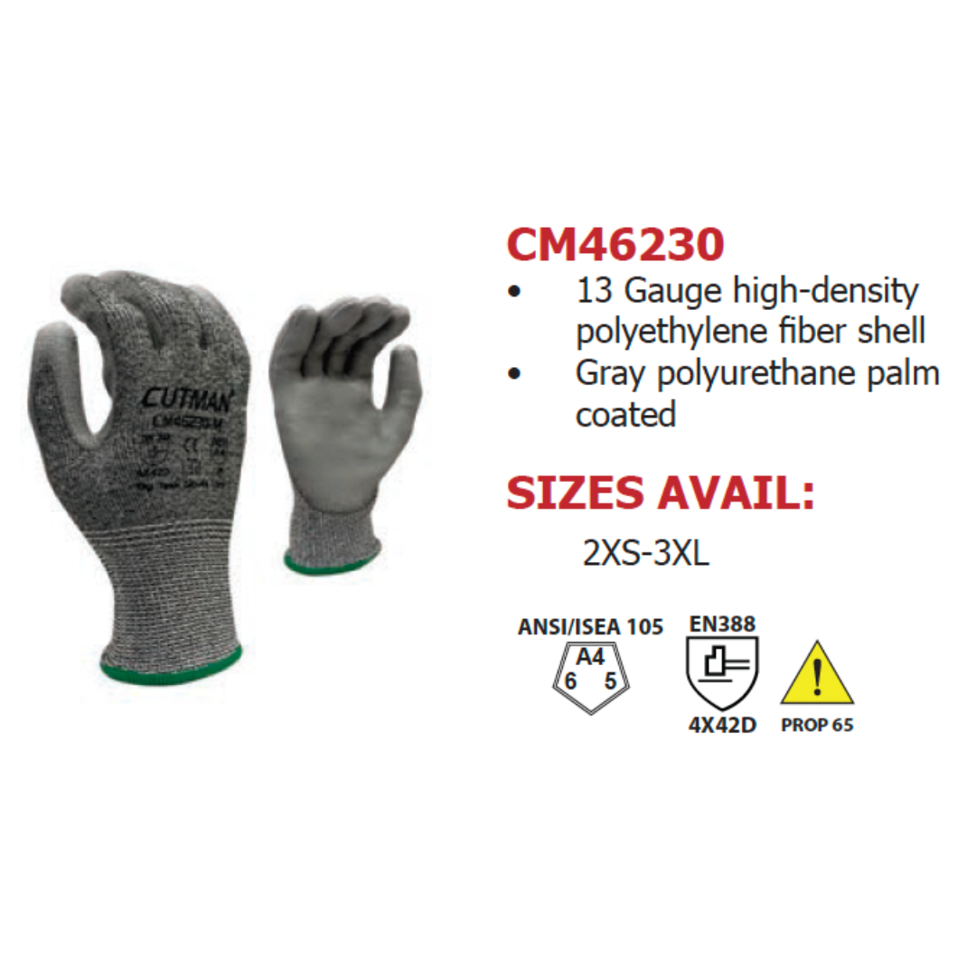 CM46230 : CUTMAN 13 Gauge Gray HDPE shell, Gray Polyurethane Palm Coated, ANSI Cut A4, 12-Pack