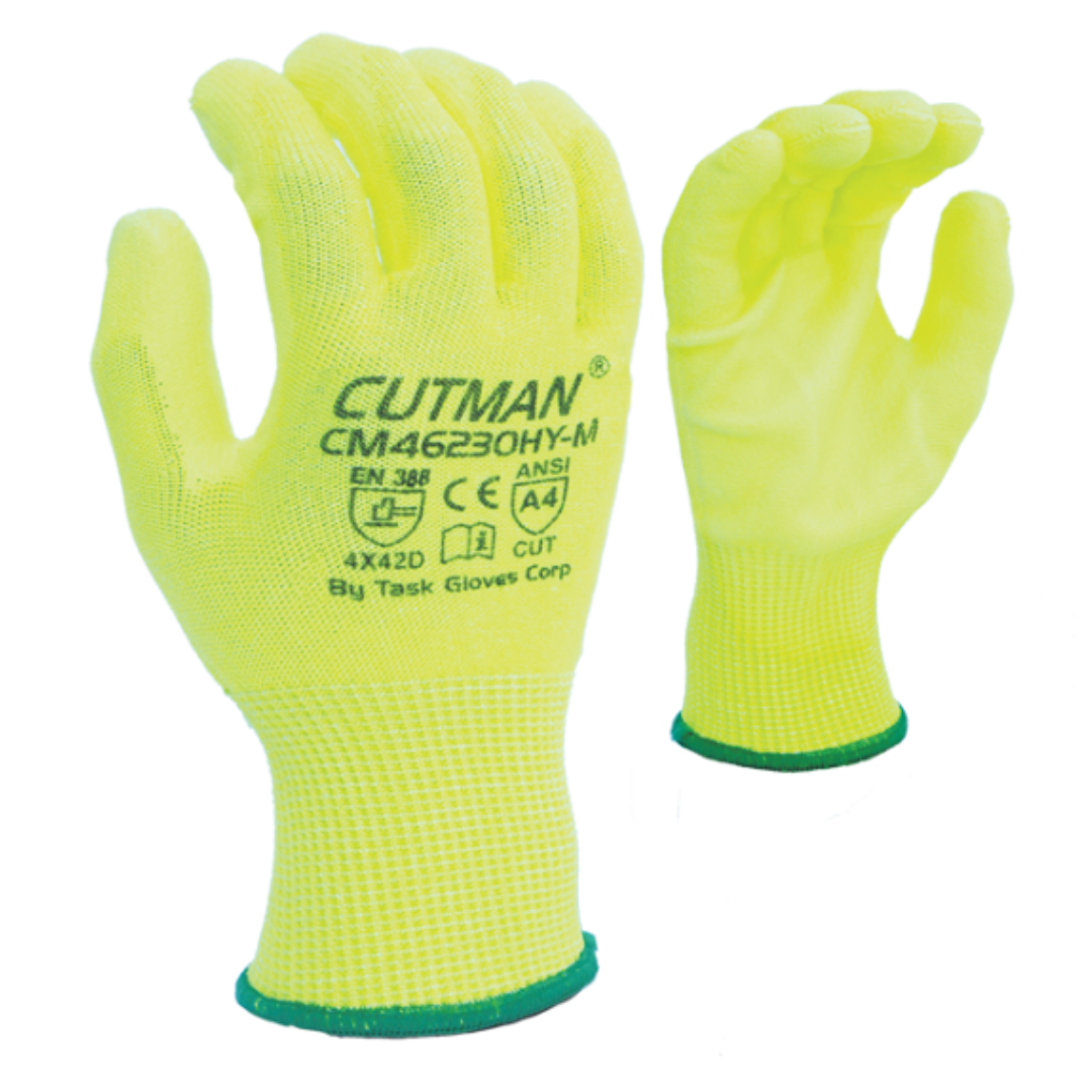 CM46230HY : CUTMAN 13 Gauge Hi-Vis Yellow HDPE shell, Hi-Vis Polyurethane palm coated, ANSI Cut A4, 12-Pack