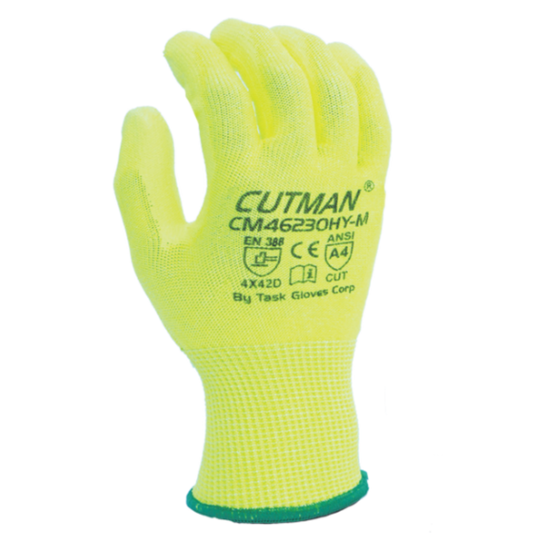 CM46230HY : CUTMAN 13 Gauge Hi-Vis Yellow HDPE shell, Hi-Vis Polyurethane palm coated, ANSI Cut A4, 12-Pack