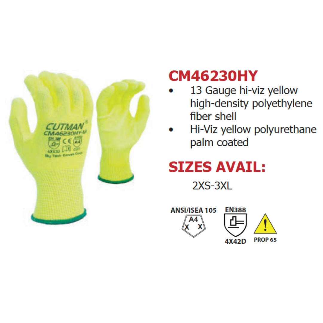 CM46230HY : CUTMAN 13 Gauge Hi-Vis Yellow HDPE shell, Hi-Vis Polyurethane palm coated, ANSI Cut A4, 12-Pack