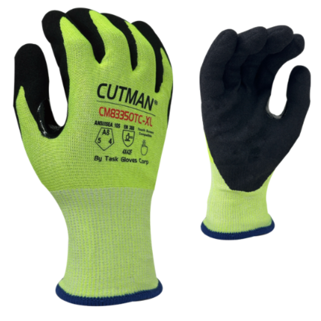CM83350TC-12PK : CUTMAN 18 Gauge Hi-Vis Yellow HDPE + Stainless steel shell, Black Sandy-Foam Nitrile Palm coated, Reinforced Thumb Saddle, Touchscreen compatible, ANSI Cut A8, 12-Pack