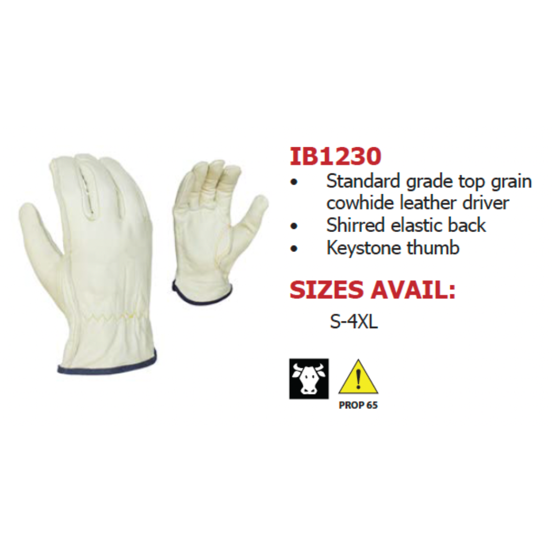 IB1230-12PK : Ironbark Standard Grain Cowhide Leather Driver (IB3026), Unlined, Shirred Elastic back, Keystone Thumb, 12-Pack