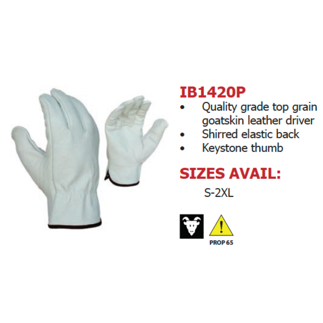 IB1420P-12PK : Ironbark Quality Grain Goatskin Leather Driver, Unlined, Shirred Elastic back, Keystone Thumb, 12-Pack