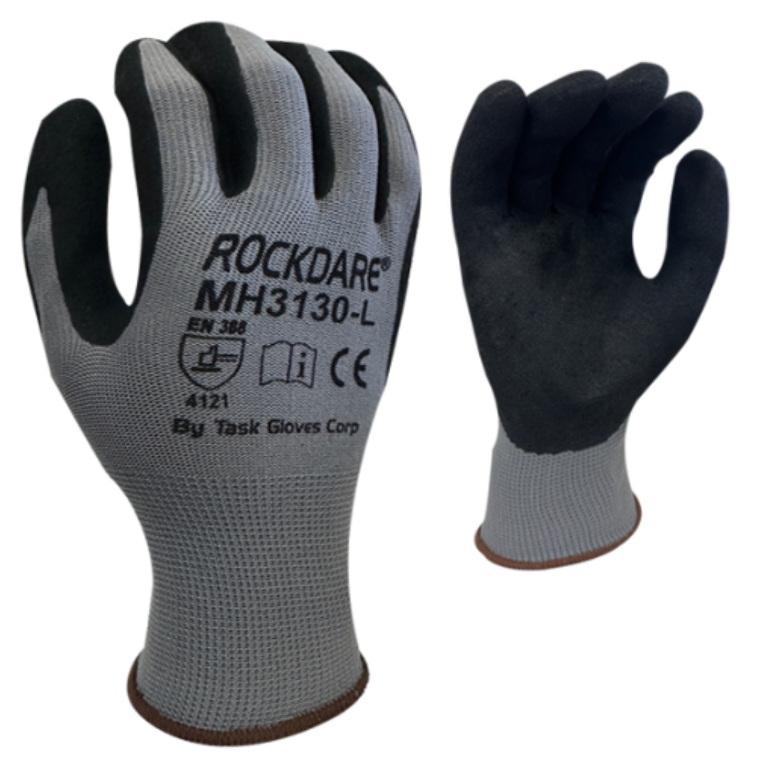MH3130-12PK : Rockdare 13 Gauge Gray Polyester shell, Black Sandy Foam Nitrile Palm coated, 12-Pack