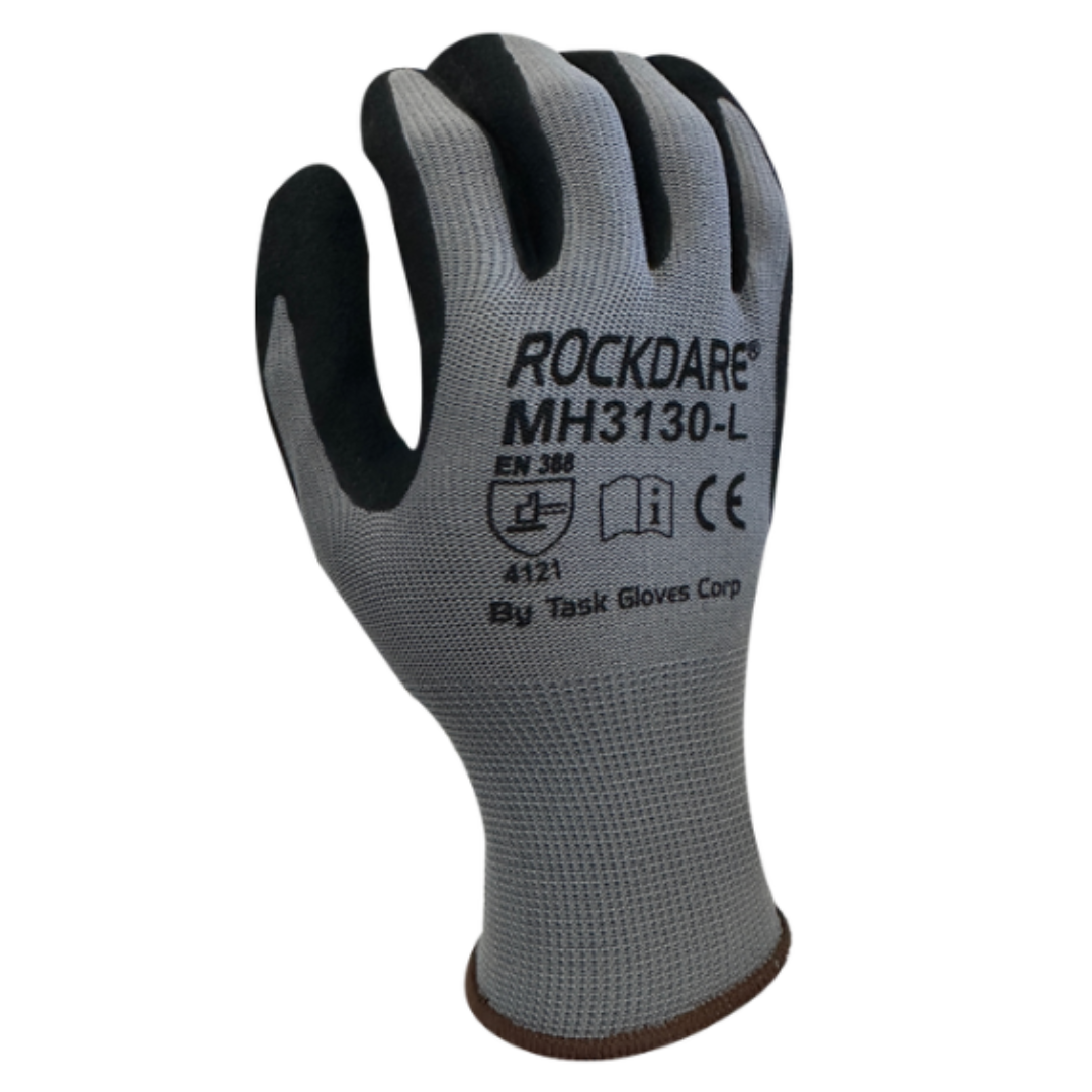 MH3130-12PK : Rockdare 13 Gauge Gray Polyester shell, Black Sandy Foam Nitrile Palm coated, 12-Pack