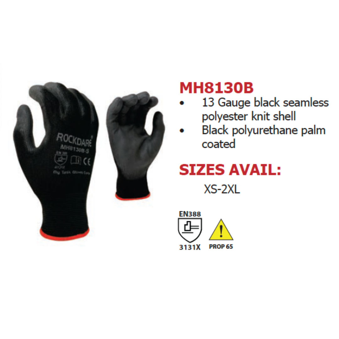 MH8130B-12PK : Rockdare 13 Gauge Black Polyester shell, Black Polyurethane palm coated, 12-Pack