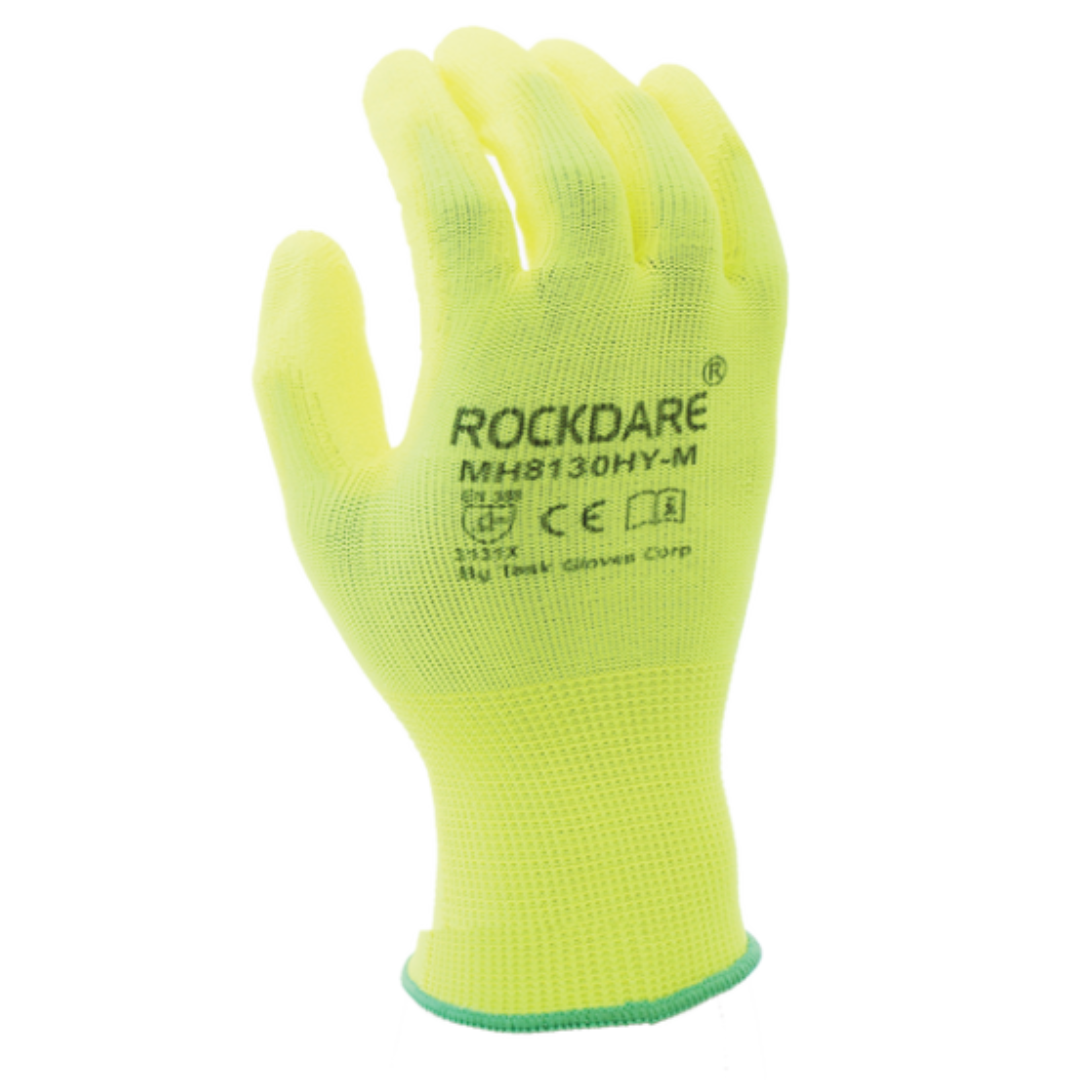 MH8130HY : Rockdare 13 Gauge Hi-Vis Yellow Polyester shell, Yellow Polyurethane palm coated, 12-Pack