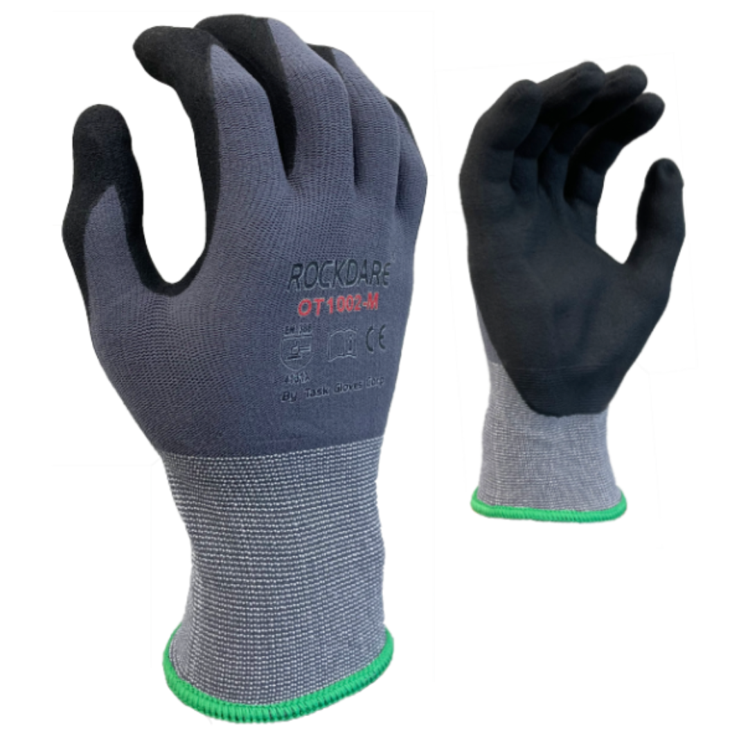 OT1002-12PK : Rockdare 15 Gauge Gray Nylon shell, Black Micro-Foam Nitrile Palm coated, Touchscreen compatible, FDA 21 CFR 177.1520 compliant, 12-Pack