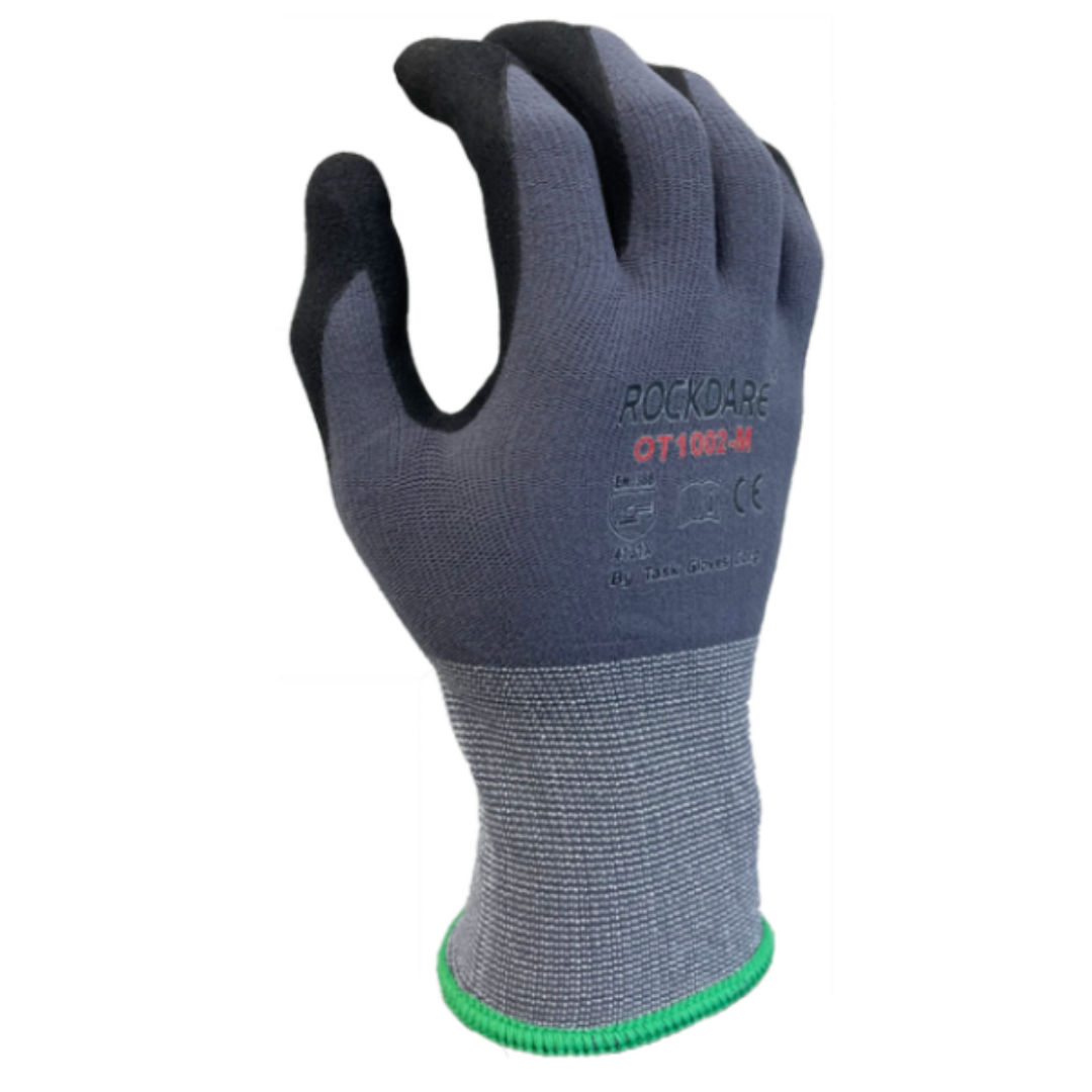OT1002-12PK : Rockdare 15 Gauge Gray Nylon shell, Black Micro-Foam Nitrile Palm coated, Touchscreen compatible, FDA 21 CFR 177.1520 compliant, 12-Pack