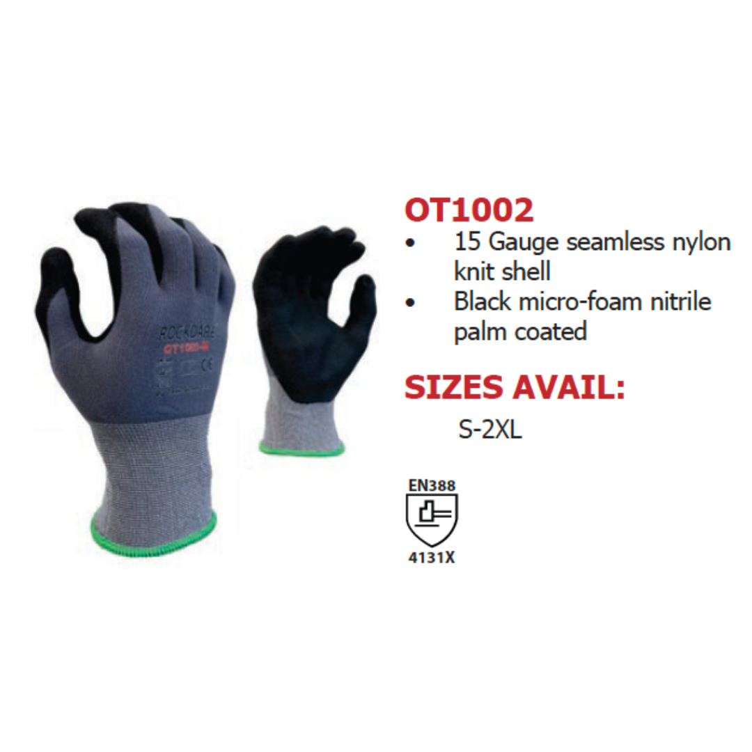 OT1002-12PK : Rockdare 15 Gauge Gray Nylon shell, Black Micro-Foam Nitrile Palm coated, Touchscreen compatible, FDA 21 CFR 177.1520 compliant, 12-Pack
