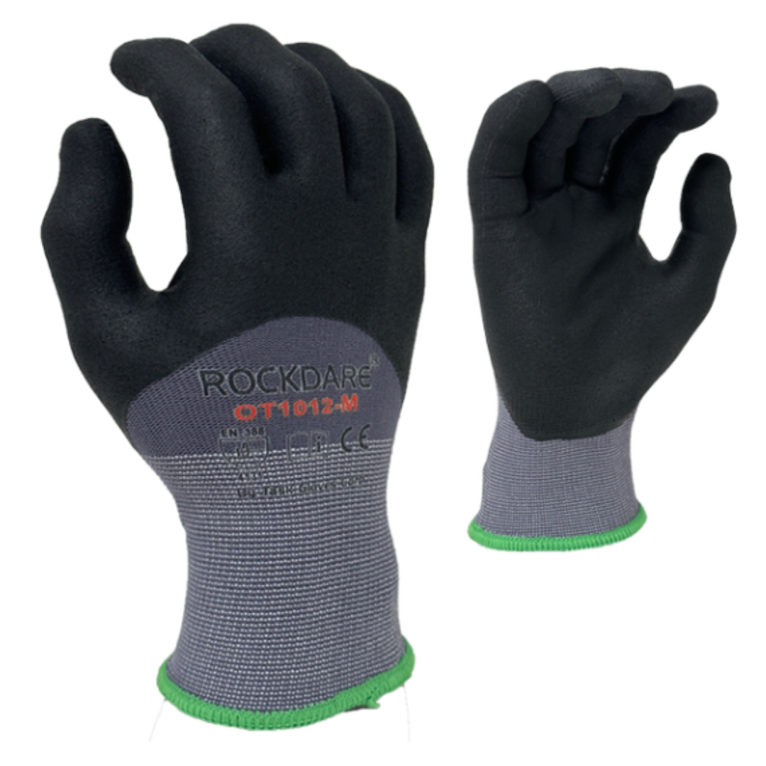 OT1012-12PK : Rockdare 15 Gauge Gray Nylon shell, Black Micro-Foam Nitrile 3/4 coated, Touchscreen compatible, FDA 21 CFR 177.1520 compliant, 12-Pack