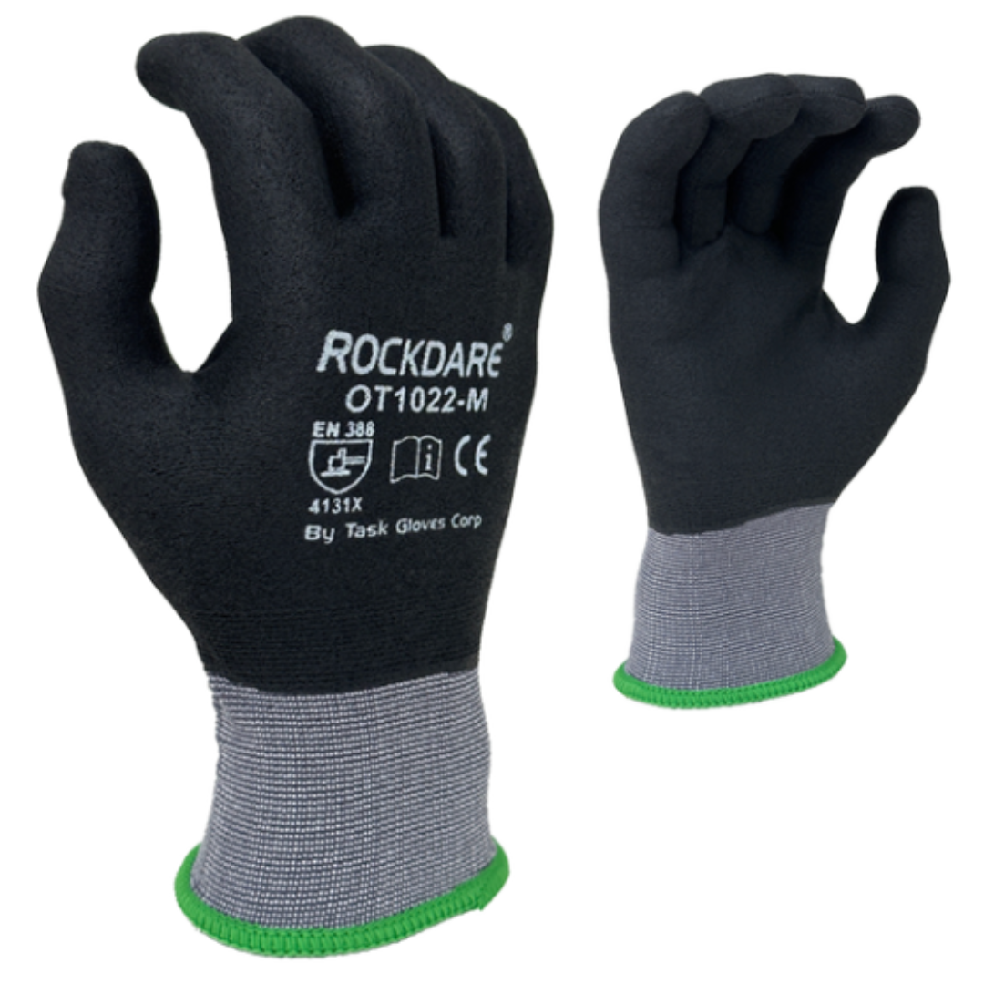 OT1022-12PK : Rockdare 15 Gauge Gray Nylon shell, Black Micro-Foam Nitrile Fully coated, Touchscreen compatible, FDA 21 CFR 177.1520 compliant, 12-Pack