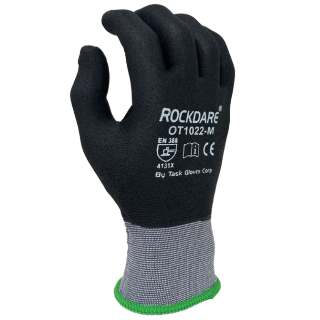 OT1022-12PK : Rockdare 15 Gauge Gray Nylon shell, Black Micro-Foam Nitrile Fully coated, Touchscreen compatible, FDA 21 CFR 177.1520 compliant, 12-Pack