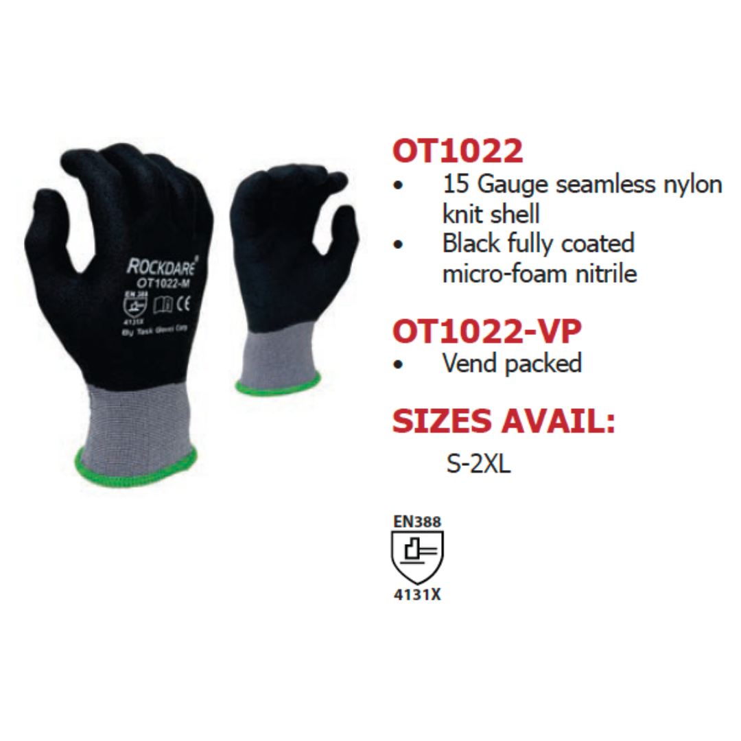 OT1022-12PK : Rockdare 15 Gauge Gray Nylon shell, Black Micro-Foam Nitrile Fully coated, Touchscreen compatible, FDA 21 CFR 177.1520 compliant, 12-Pack