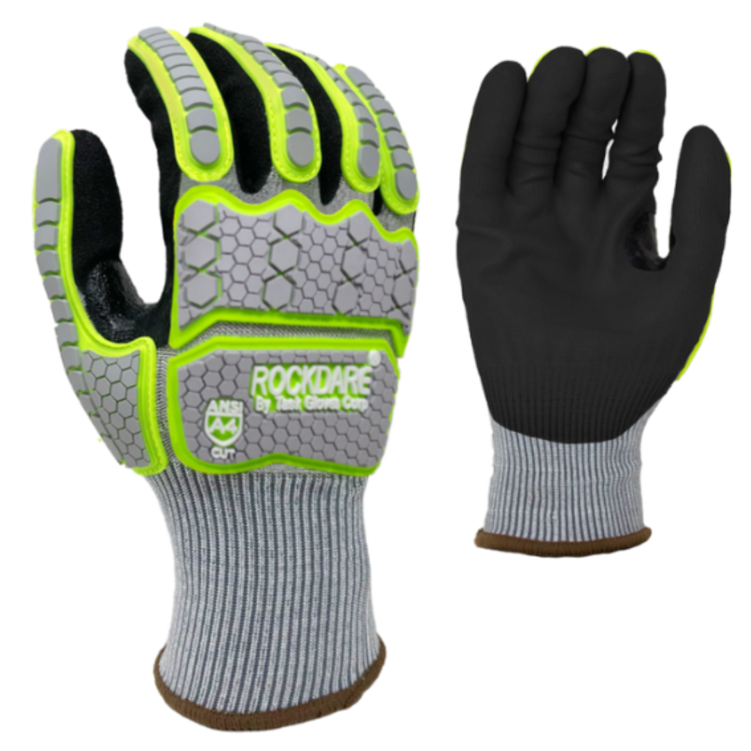 RD1022-12PK : RockDare Black RevoTek palm coated, Reinforced Thumb Saddle, Gray/Green TPR back, 15 Gauge Gray HDPE+Glass Fiber+Stainless Steel shell, ANSI Cut A4, 12-Pack