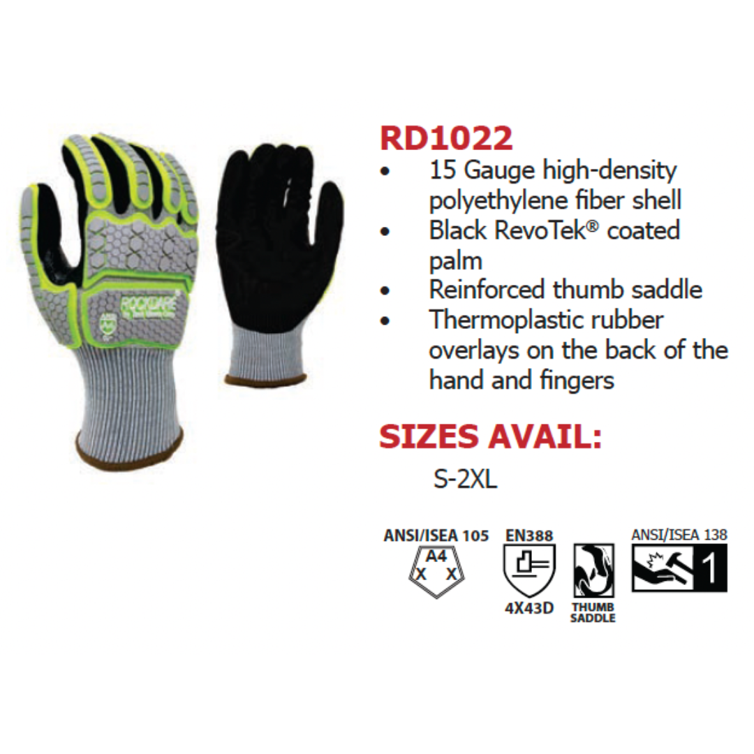 RD1022-12PK : RockDare Black RevoTek palm coated, Reinforced Thumb Saddle, Gray/Green TPR back, 15 Gauge Gray HDPE+Glass Fiber+Stainless Steel shell, ANSI Cut A4, 12-Pack