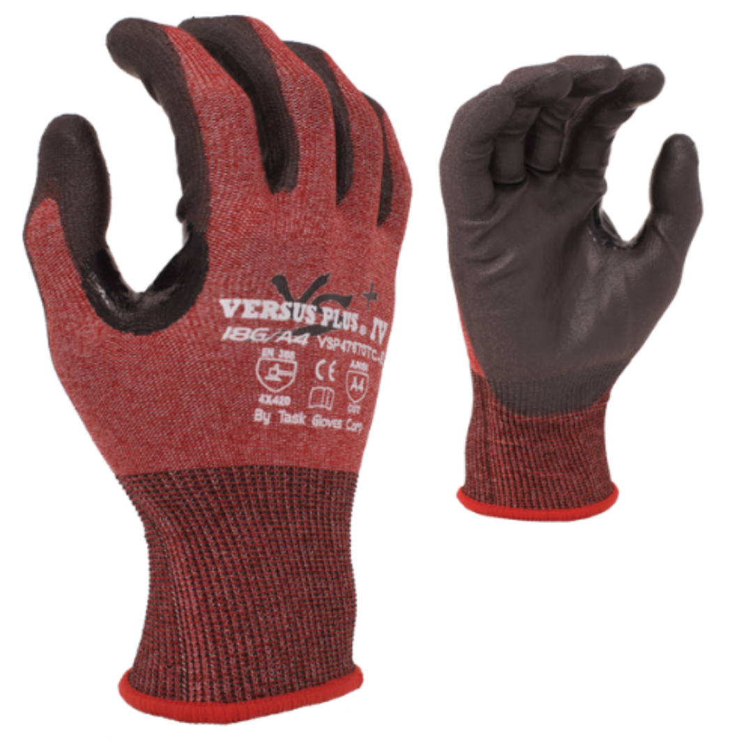 VSP47670TC-12PK : Versus Plus® 18 Gauge Red Falstone Fiber shell, Black Polyurethane Palm coated, Reinforced Nitrile Thumb Saddle, ANSI Cut A4, Touchscreen compatible, 12-Pack