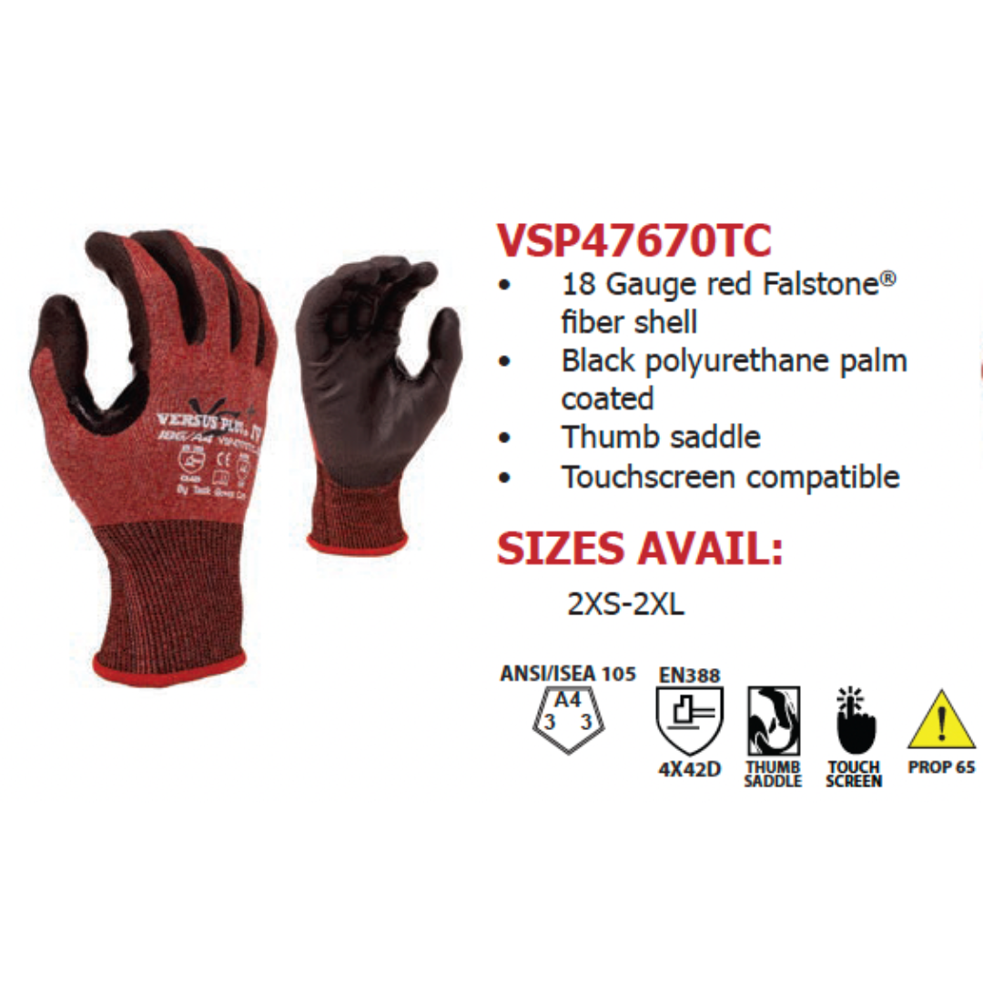 VSP47670TC-12PK : Versus Plus® 18 Gauge Red Falstone Fiber shell, Black Polyurethane Palm coated, Reinforced Nitrile Thumb Saddle, ANSI Cut A4, Touchscreen compatible, 12-Pack
