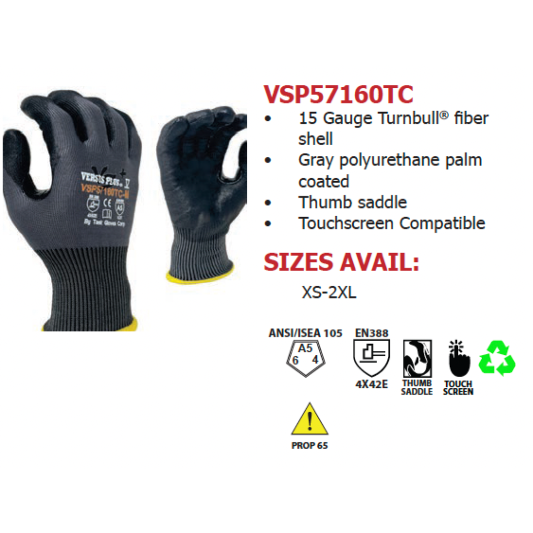 VSP57160TC-12PK : Versus Plus 15 Gauge Gray Turnbull yarn and R-PET, Gray Polyurethane Palm coated, Reinforced Thumb Saddle, ANSI Cut A5, Touchscreen compatible, 12-Pack