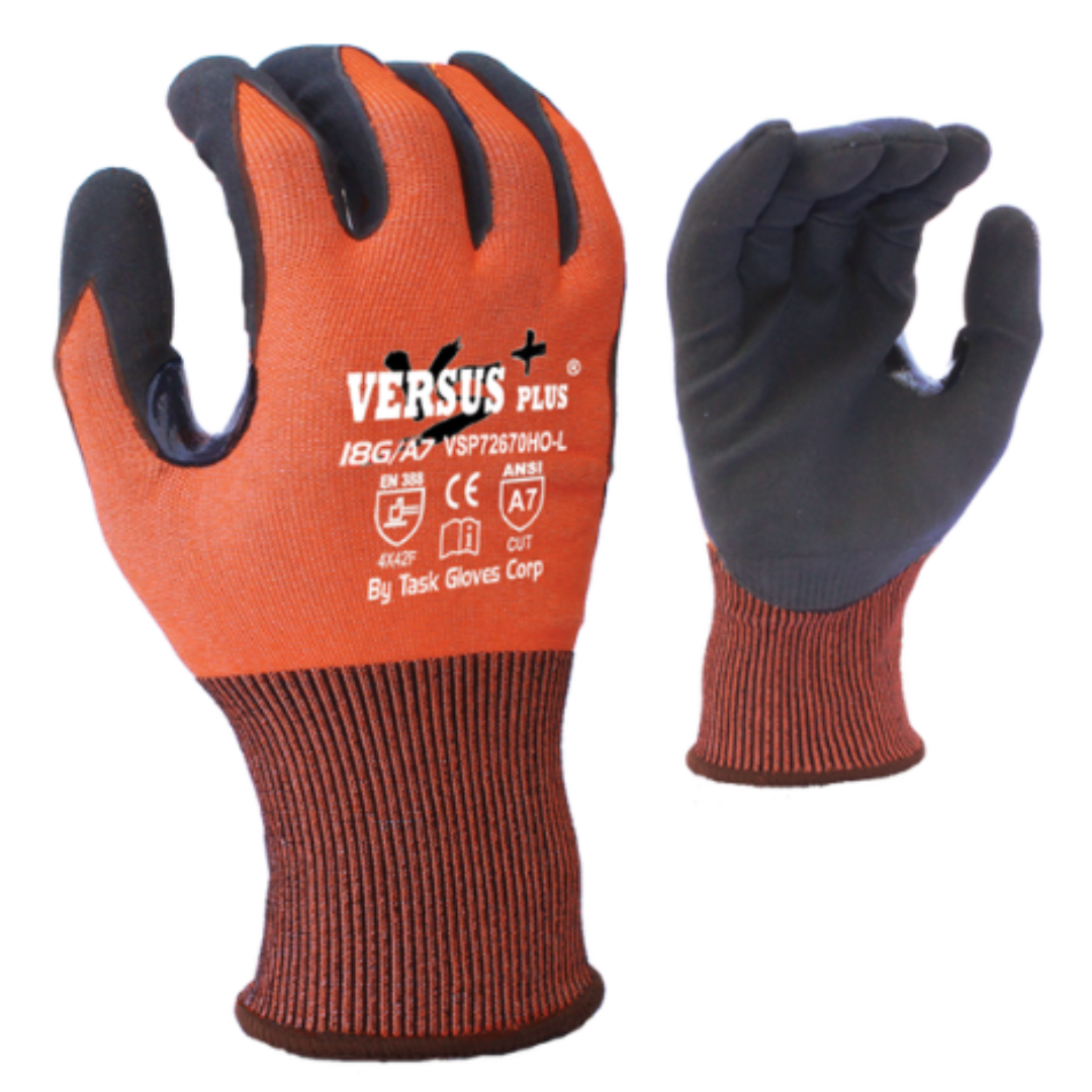 VSP72670HO-12PK : Versus Plus 18 Gauge Hi-Vis Orange Falstone Fiber shell, Black Micro-Foam Nitrile coated palm and fingers, Reinforced Thumb Saddle, Touchscreen compatible, ANSI Cut A7, 12-Pack
