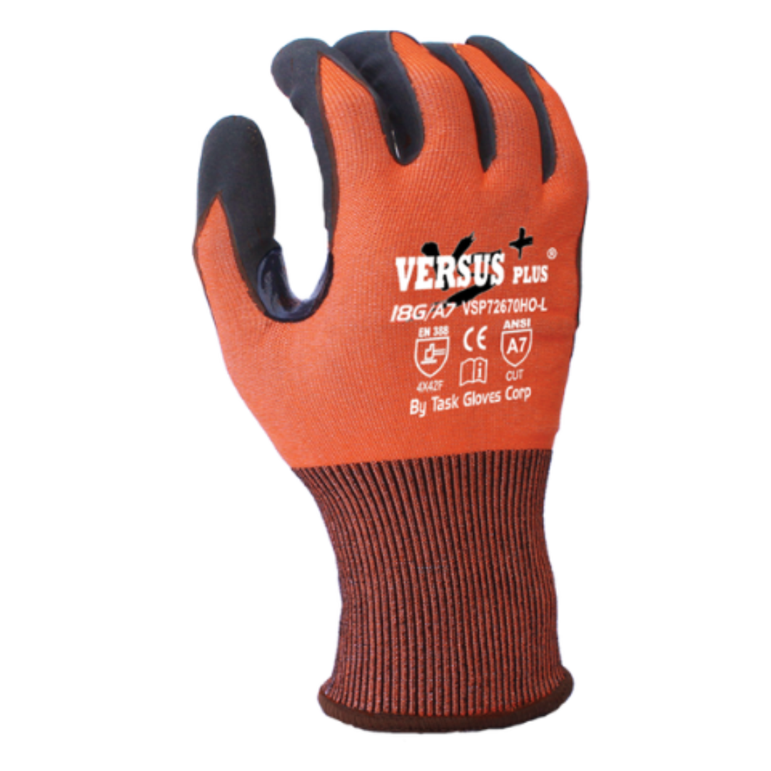 VSP72670HO-12PK : Versus Plus 18 Gauge Hi-Vis Orange Falstone Fiber shell, Black Micro-Foam Nitrile coated palm and fingers, Reinforced Thumb Saddle, Touchscreen compatible, ANSI Cut A7, 12-Pack