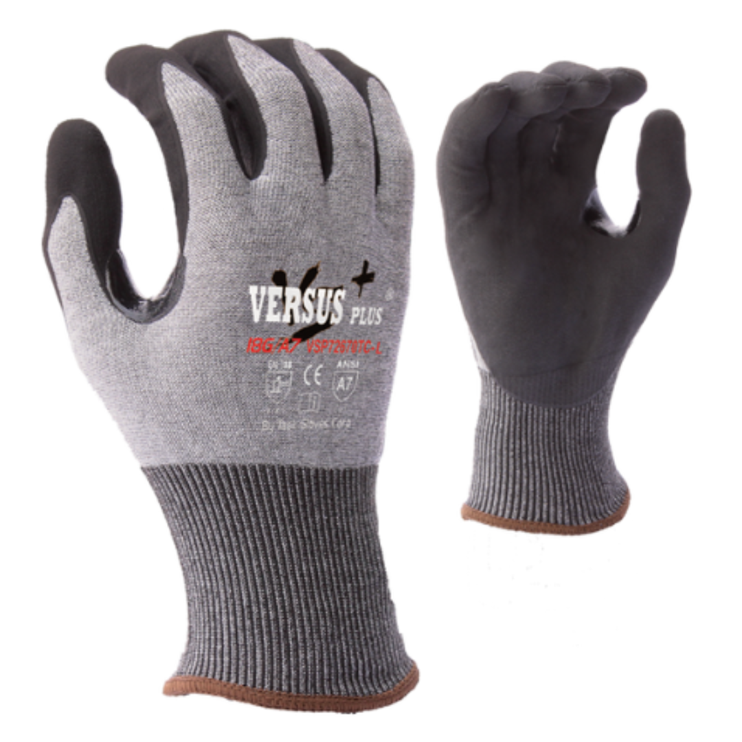 VSP72670TC-12PK : Versus Plus 18 Gauge Falstone Fiber shell, Black Micro-Foam Nitrile coated palm and fingers, Reinforced Thumb Saddle, Touchscreen compatible, ANSI Cut A7, 12-Pack